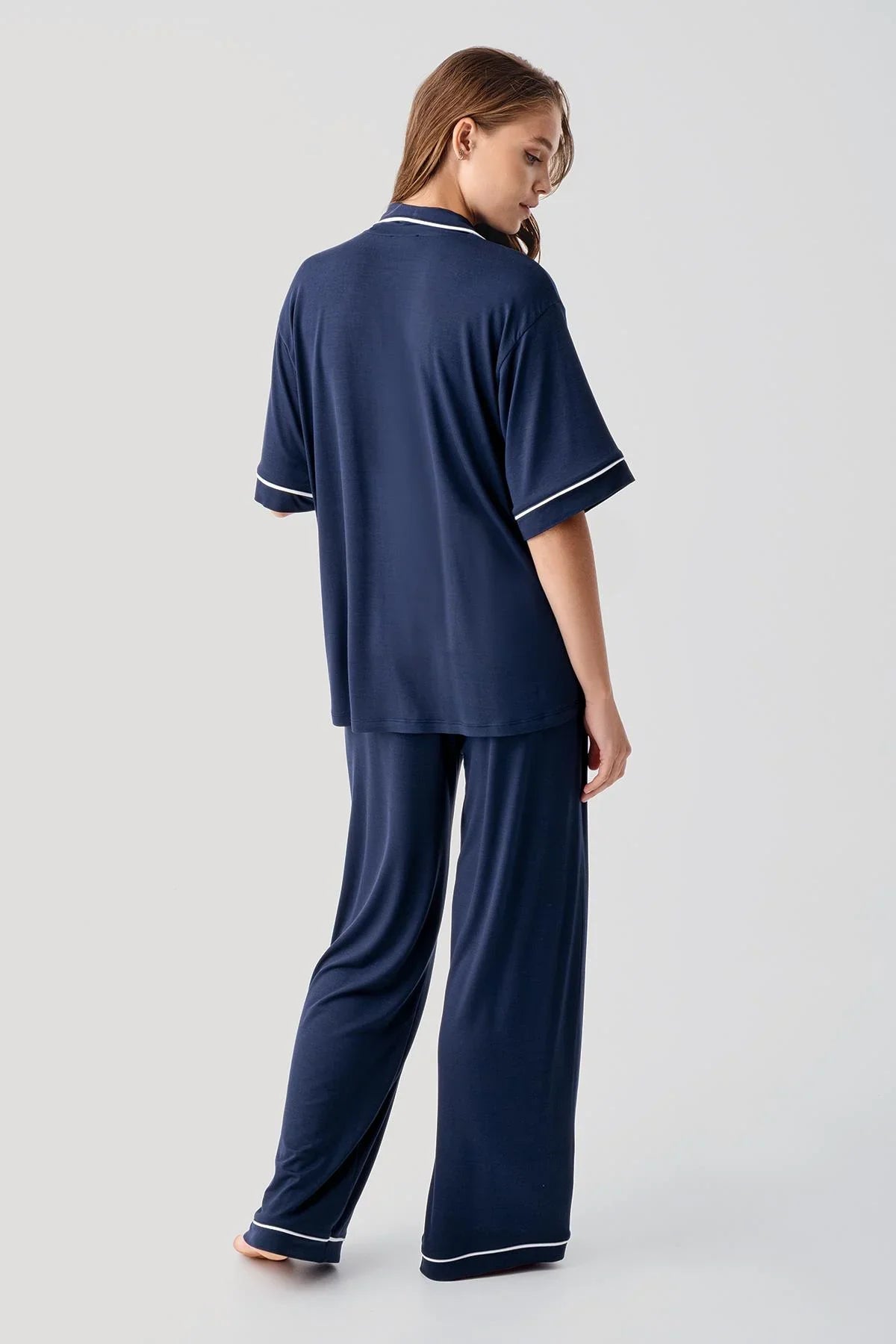 Kısa Kollu Düğmeli Oversize Esnek Viskoz Pijama Takım 19210 - Artış Collection