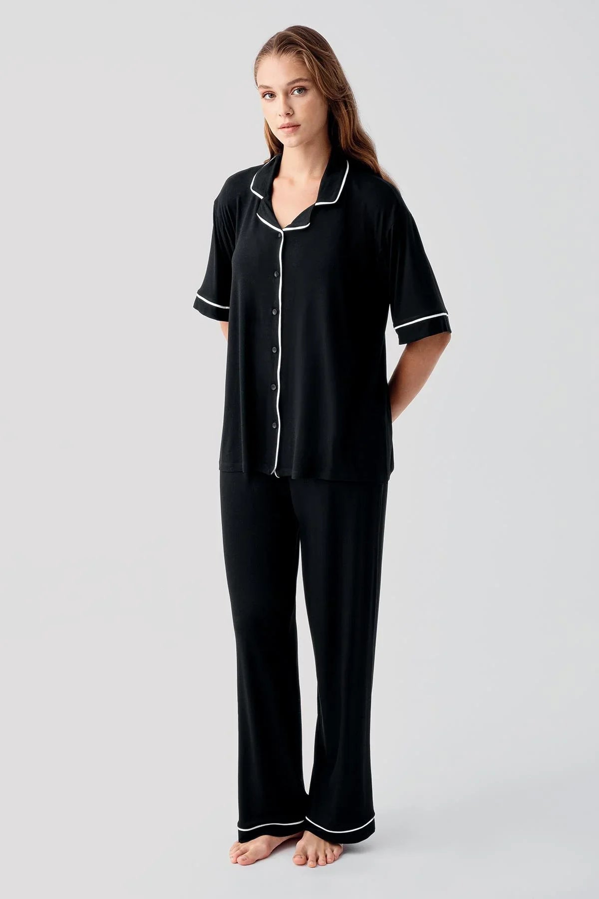 Kısa Kollu Düğmeli Oversize Esnek Viskoz Pijama Takım 19210 - Artış Collection