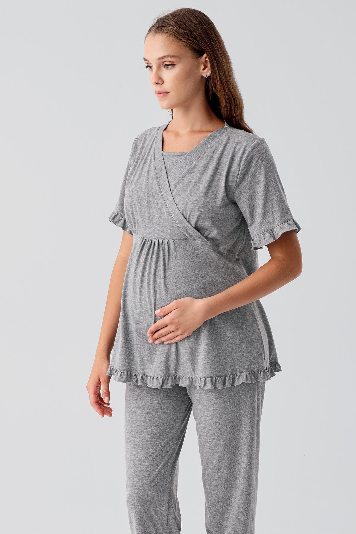 Kısa Kollu Emzirme Bölmeli Ayarlanabilir Bel Pamuklu Hamile Pijama Takım 19218 - Artış Collection