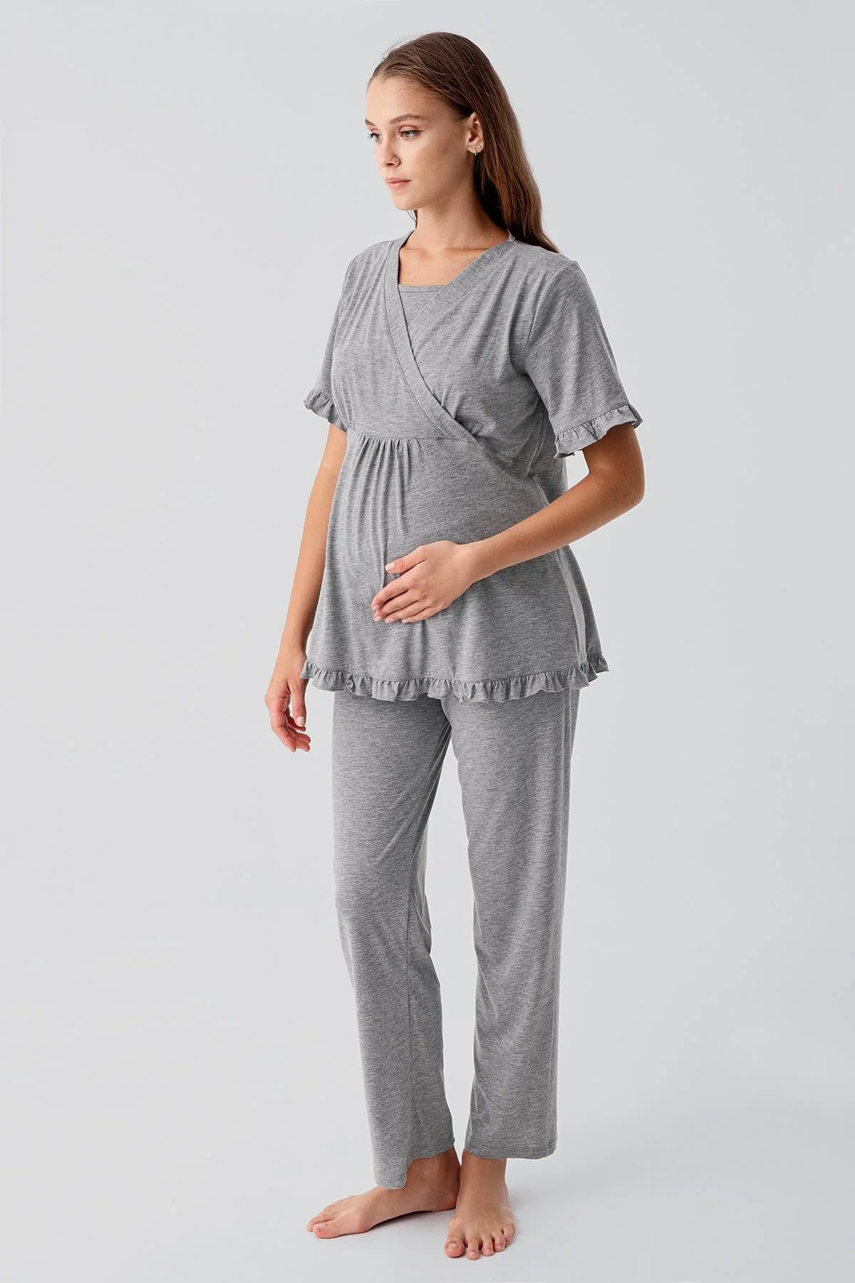 Kısa Kollu Emzirme Bölmeli Ayarlanabilir Bel Pamuklu Hamile Pijama Takım 19218 - Artış Collection