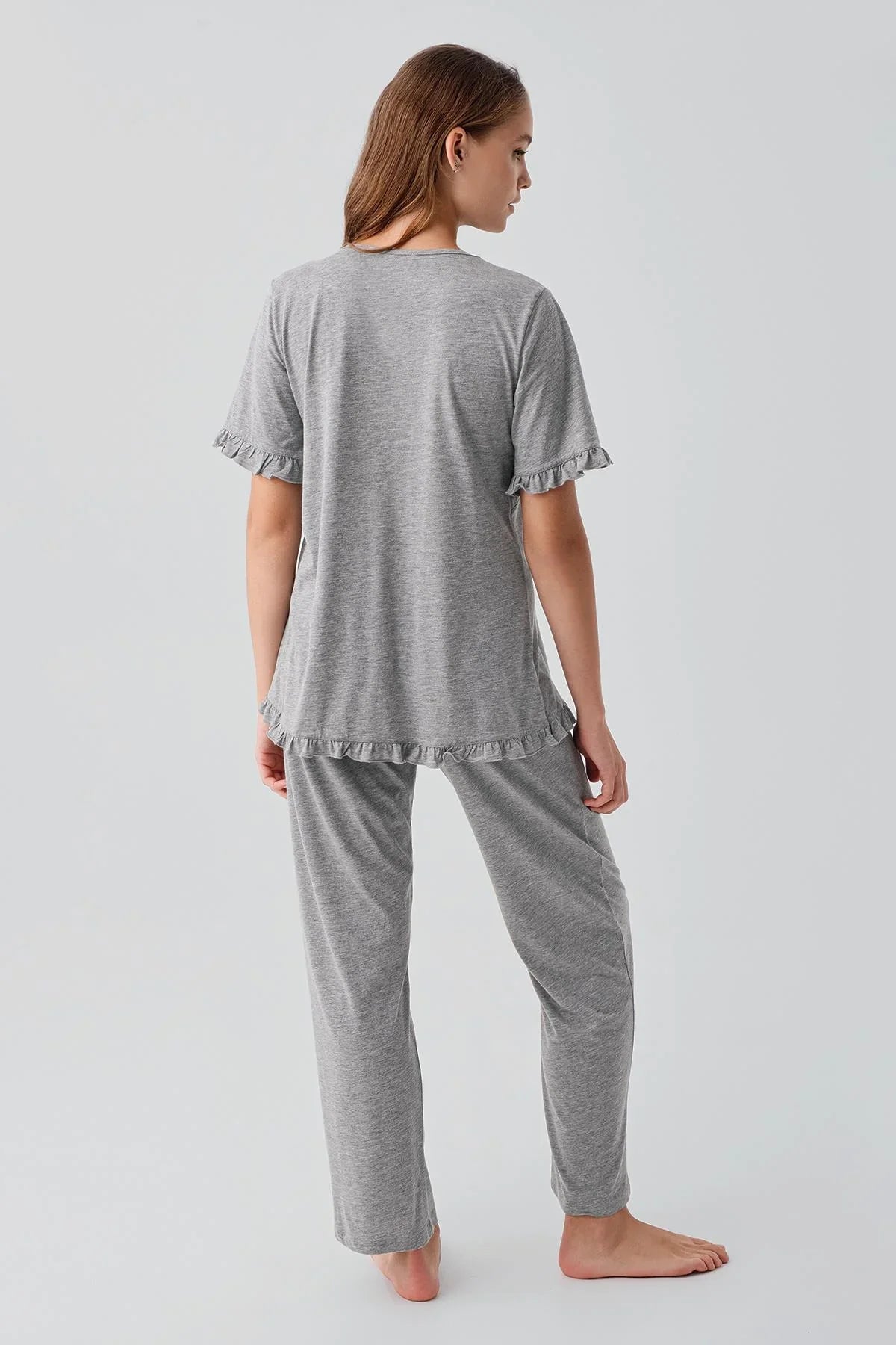 Kısa Kollu Emzirme Bölmeli Ayarlanabilir Bel Pamuklu Hamile Pijama Takım 19218 - Artış Collection