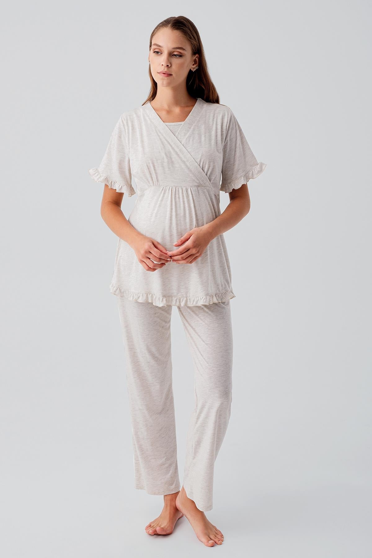 Kısa Kollu Emzirme Bölmeli Ayarlanabilir Bel Pamuklu Hamile Pijama Takım 19218 - Artış Collection