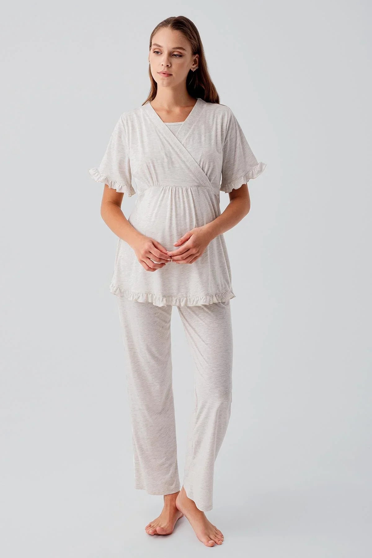 Kısa Kollu Emzirme Bölmeli Ayarlanabilir Bel Pamuklu Hamile Pijama Takım 19218 - Artış Collection
