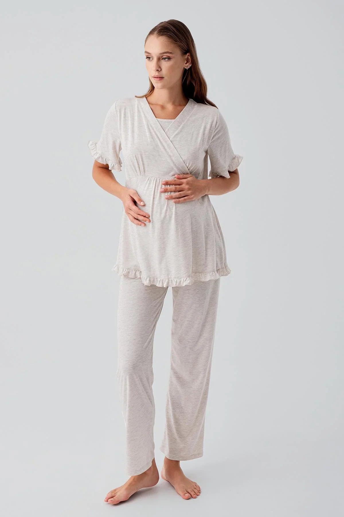 Kısa Kollu Emzirme Bölmeli Ayarlanabilir Bel Pamuklu Hamile Pijama Takım 19218 - Artış Collection