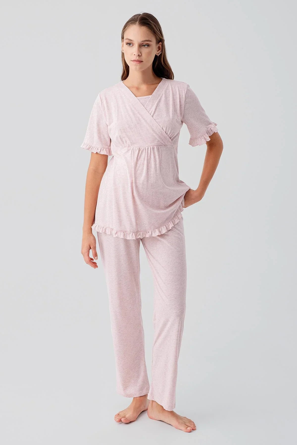 Kısa Kollu Emzirme Bölmeli Ayarlanabilir Bel Pamuklu Hamile Pijama Takım 19218 - Artış Collection