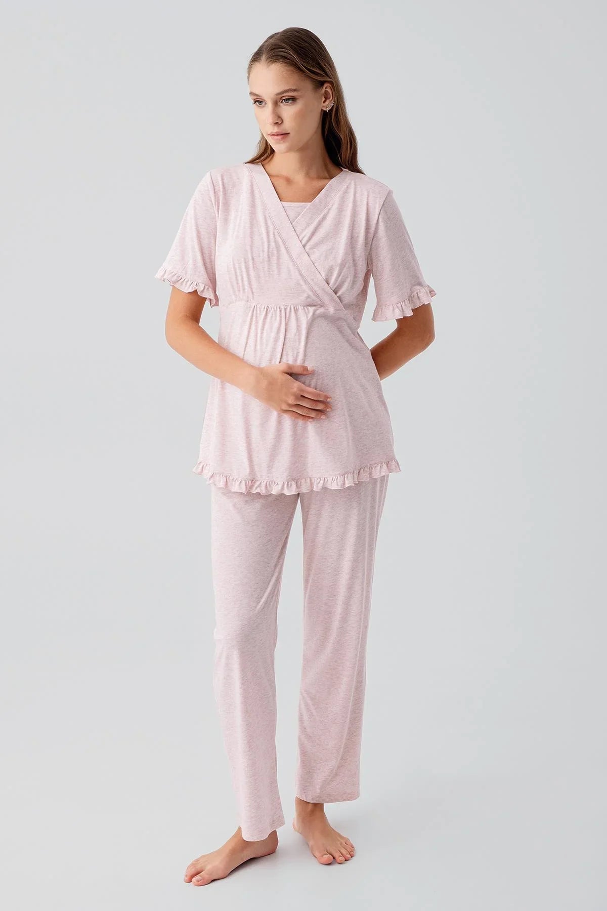 Kısa Kollu Emzirme Bölmeli Ayarlanabilir Bel Pamuklu Hamile Pijama Takım 19218 - Artış Collection