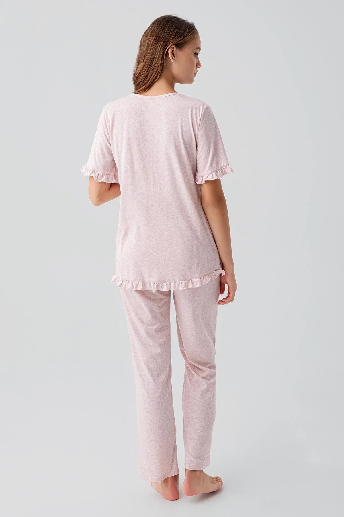 Kısa Kollu Emzirme Bölmeli Ayarlanabilir Bel Pamuklu Hamile Pijama Takım 19218 - Artış Collection