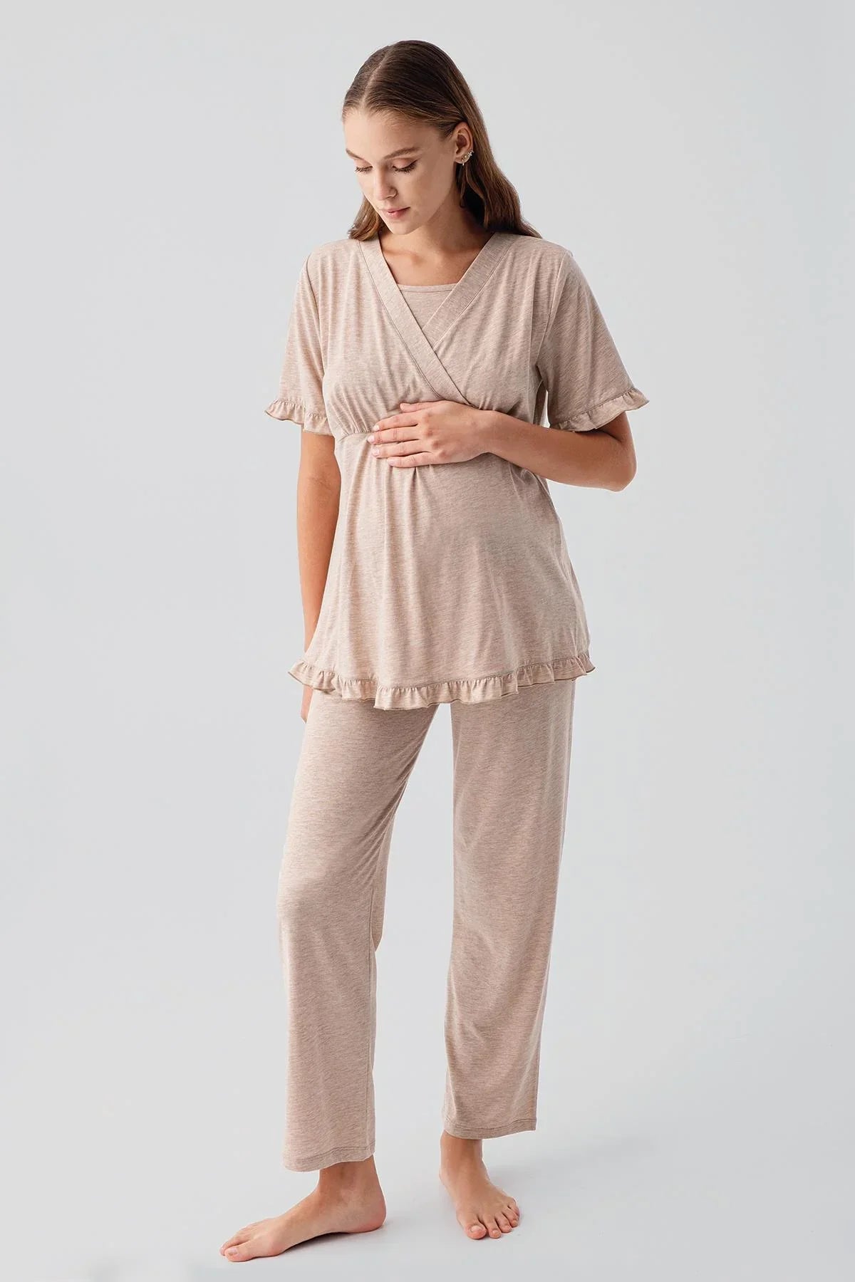 Kısa Kollu Emzirme Bölmeli Ayarlanabilir Bel Pamuklu Hamile Pijama Takım 19218 - Artış Collection