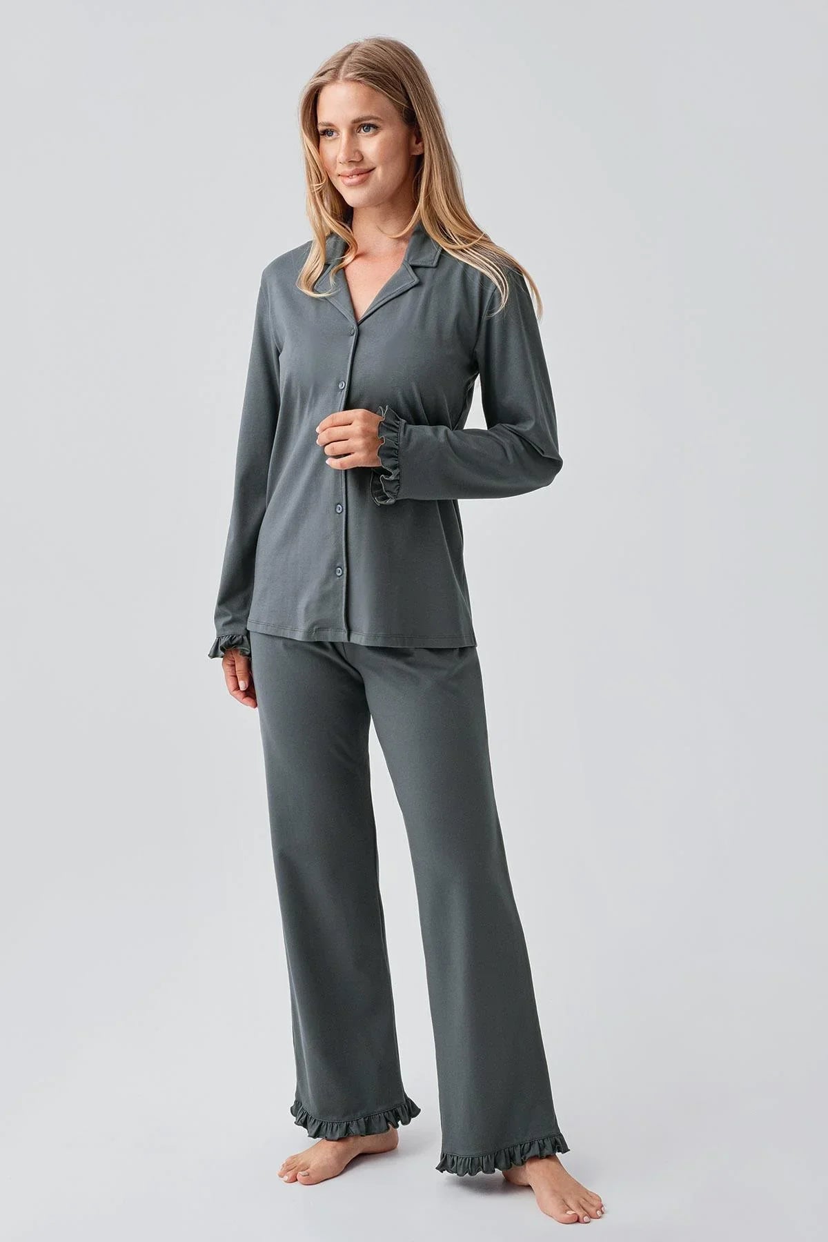 Uzun Kollu Düğmeli Esnek Pamuklu Pijama Takım 18203