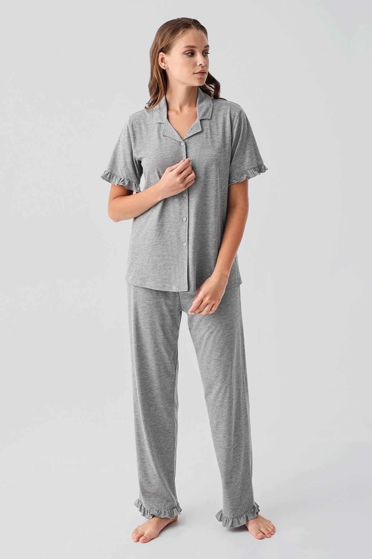 Kısa Kollu Düğmeli Fırfırlı Pamuklu Pijama Takım 19219 - Artış Collection