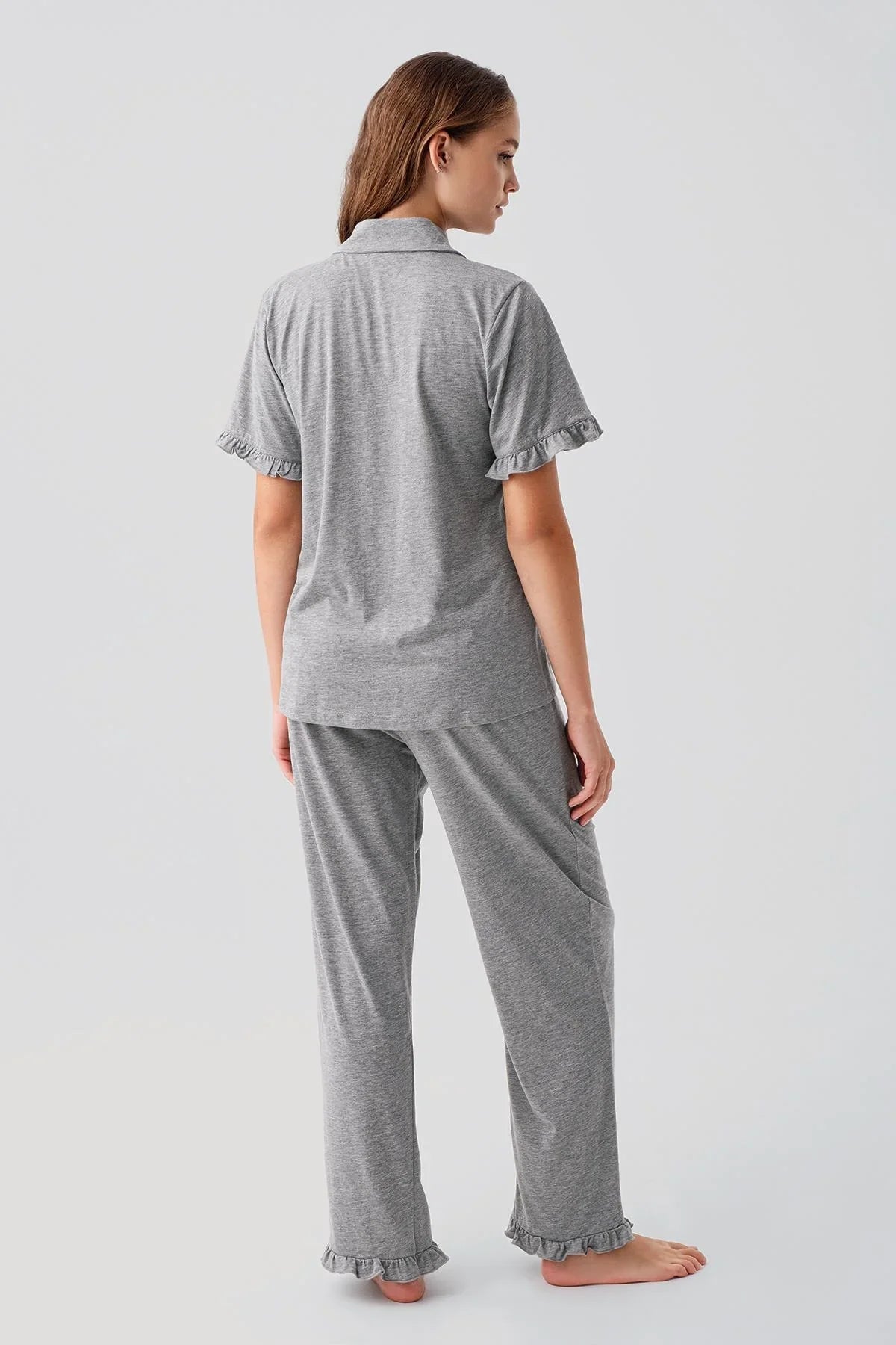Kısa Kollu Düğmeli Fırfırlı Pamuklu Pijama Takım 19219 - Artış Collection