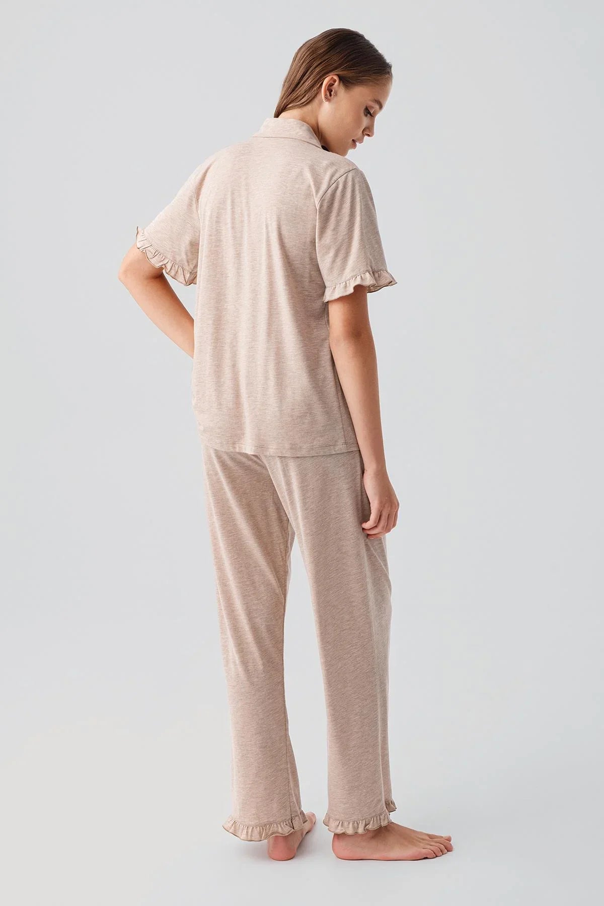 Kısa Kollu Düğmeli Fırfırlı Pamuklu Pijama Takım 19219 - Artış Collection