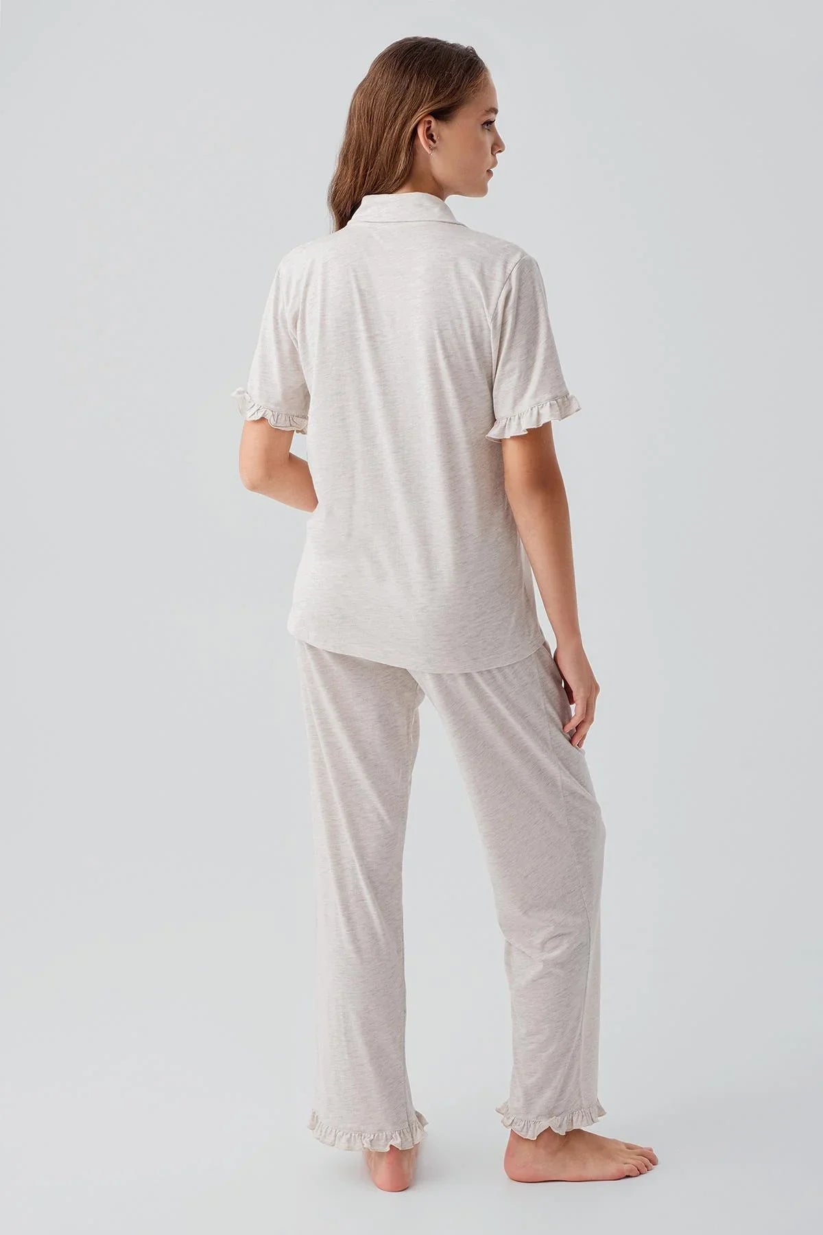 Kısa Kollu Düğmeli Fırfırlı Pamuklu Pijama Takım 19219 - Artış Collection