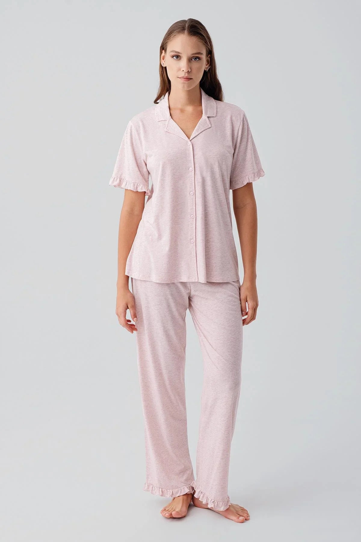 Kısa Kollu Düğmeli Fırfırlı Pamuklu Pijama Takım 19219 - Artış Collection