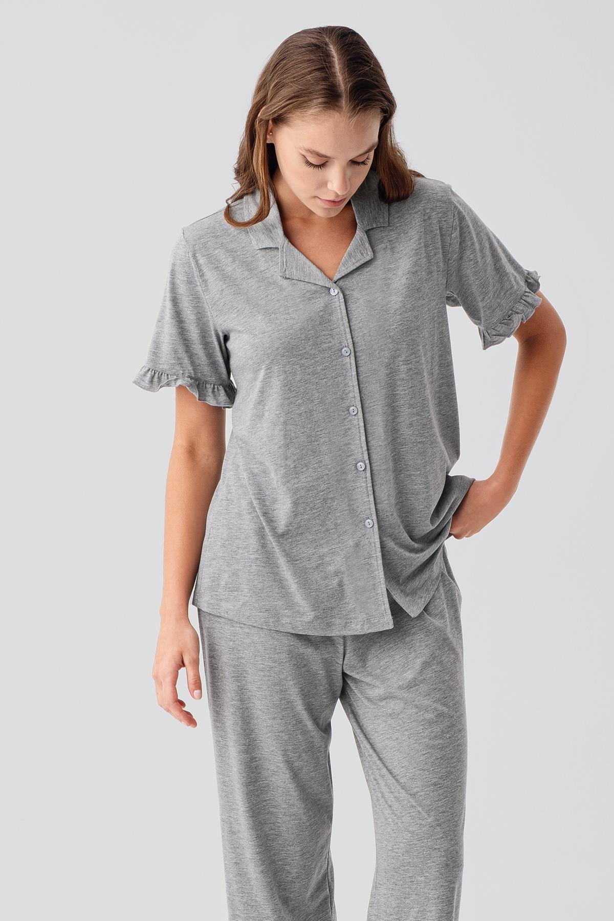 Kısa Kollu Düğmeli Fırfırlı Pamuklu Pijama Takım 19219 - Artış Collection