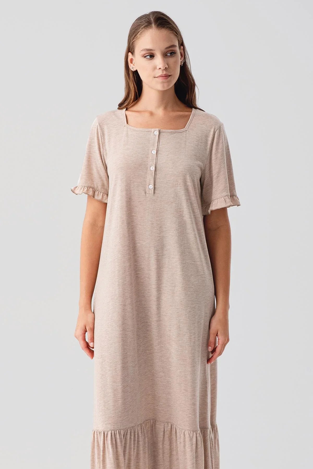 Short-Sleeved Buttoned Ruffled Cotton Long Nightgown 19117