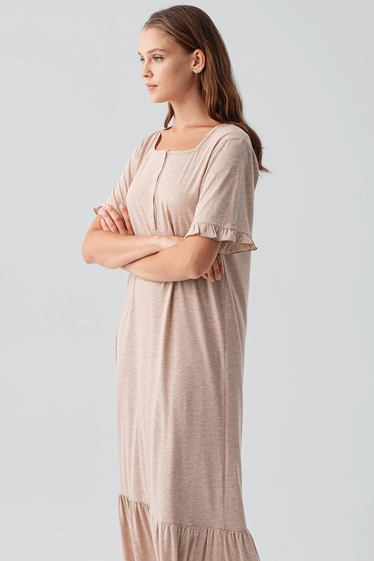 Short-Sleeved Buttoned Ruffled Cotton Long Nightgown 19117