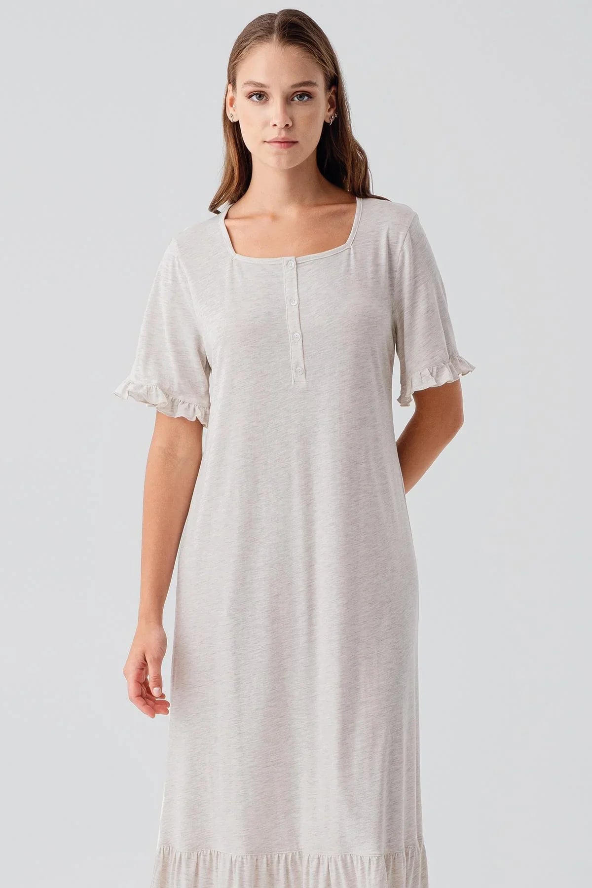 Short-Sleeved Buttoned Ruffled Cotton Long Nightgown 19117