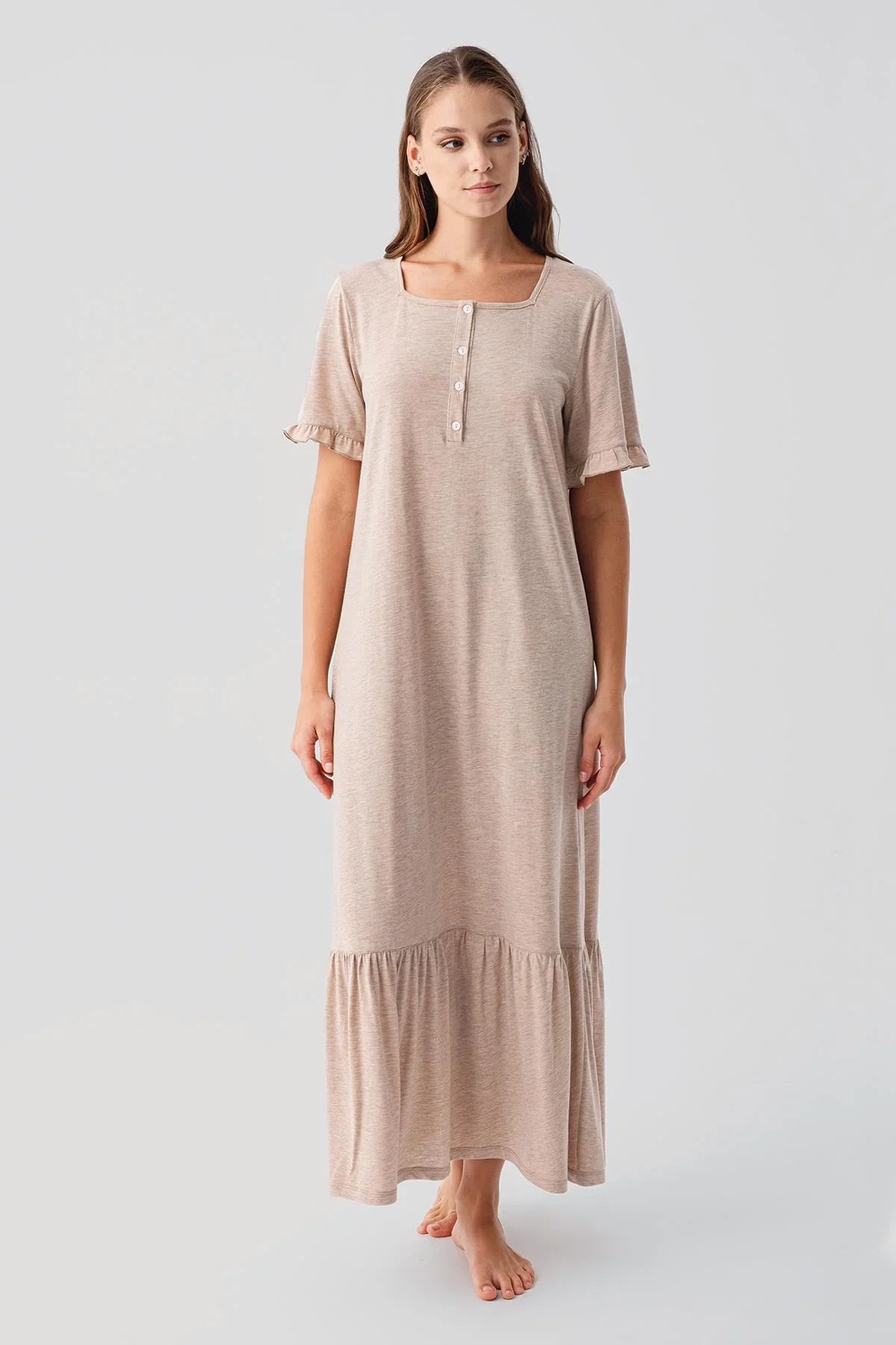 Short-Sleeved Buttoned Ruffled Cotton Long Nightgown 19117