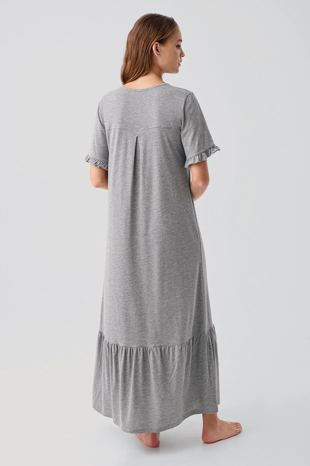 Short-Sleeved Buttoned Ruffled Cotton Long Nightgown 19117