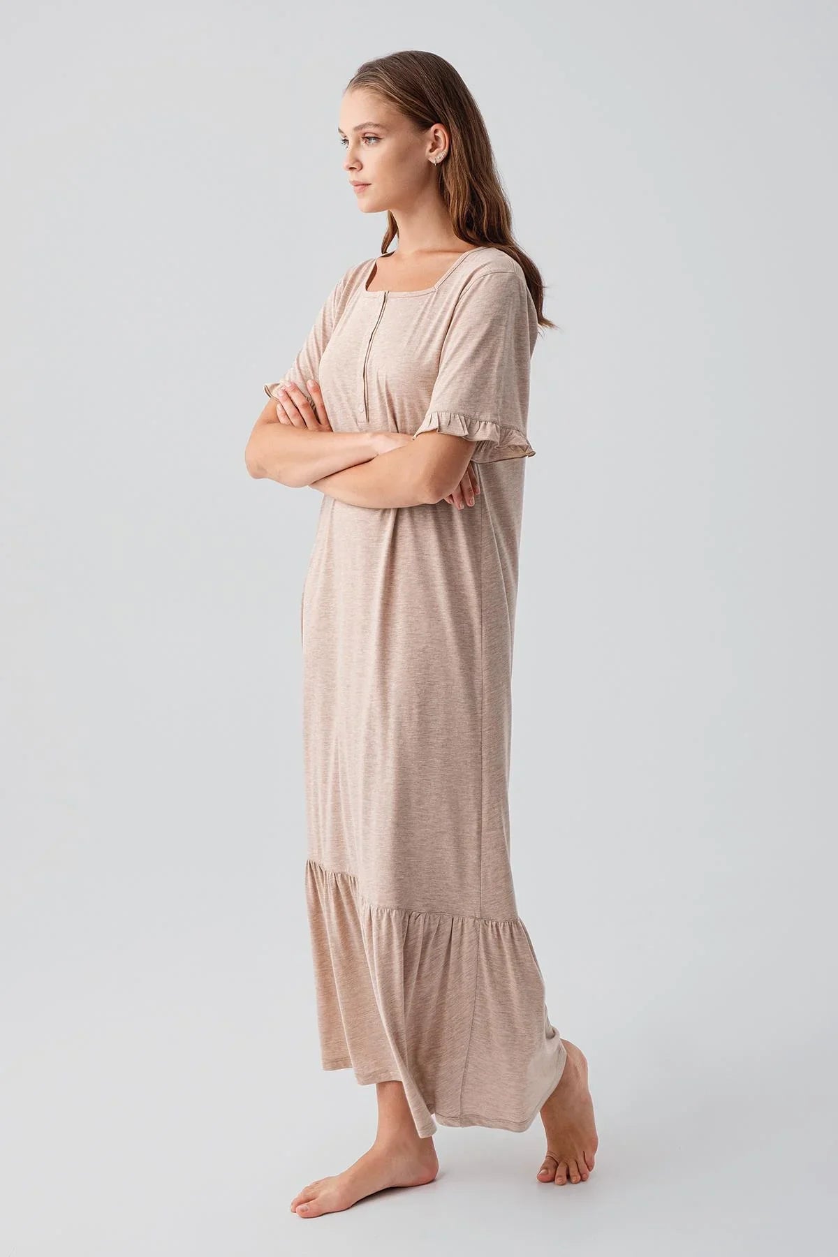 Short-Sleeved Buttoned Ruffled Cotton Long Nightgown 19117