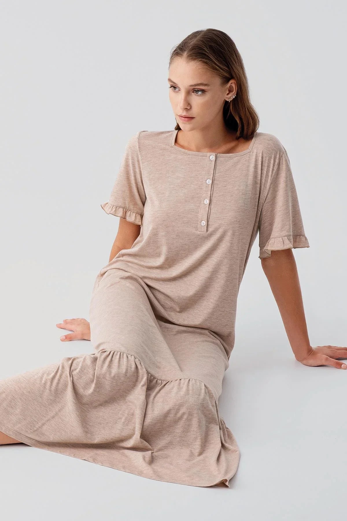 Short-Sleeved Buttoned Ruffled Cotton Long Nightgown 19117