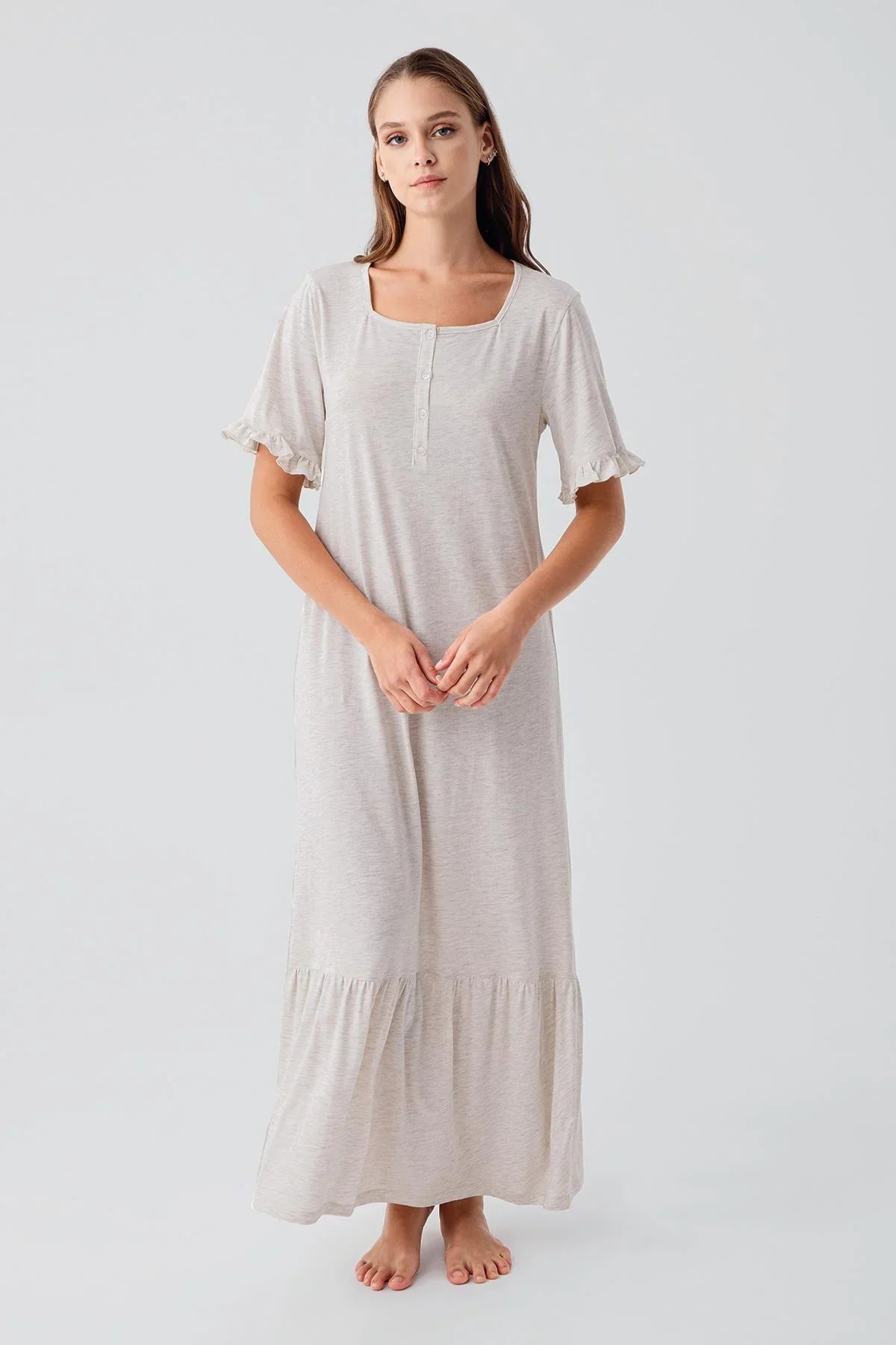 Kısa Kollu Düğmeli Fırfırlı Pamuklu Uzun Gecelik 19117