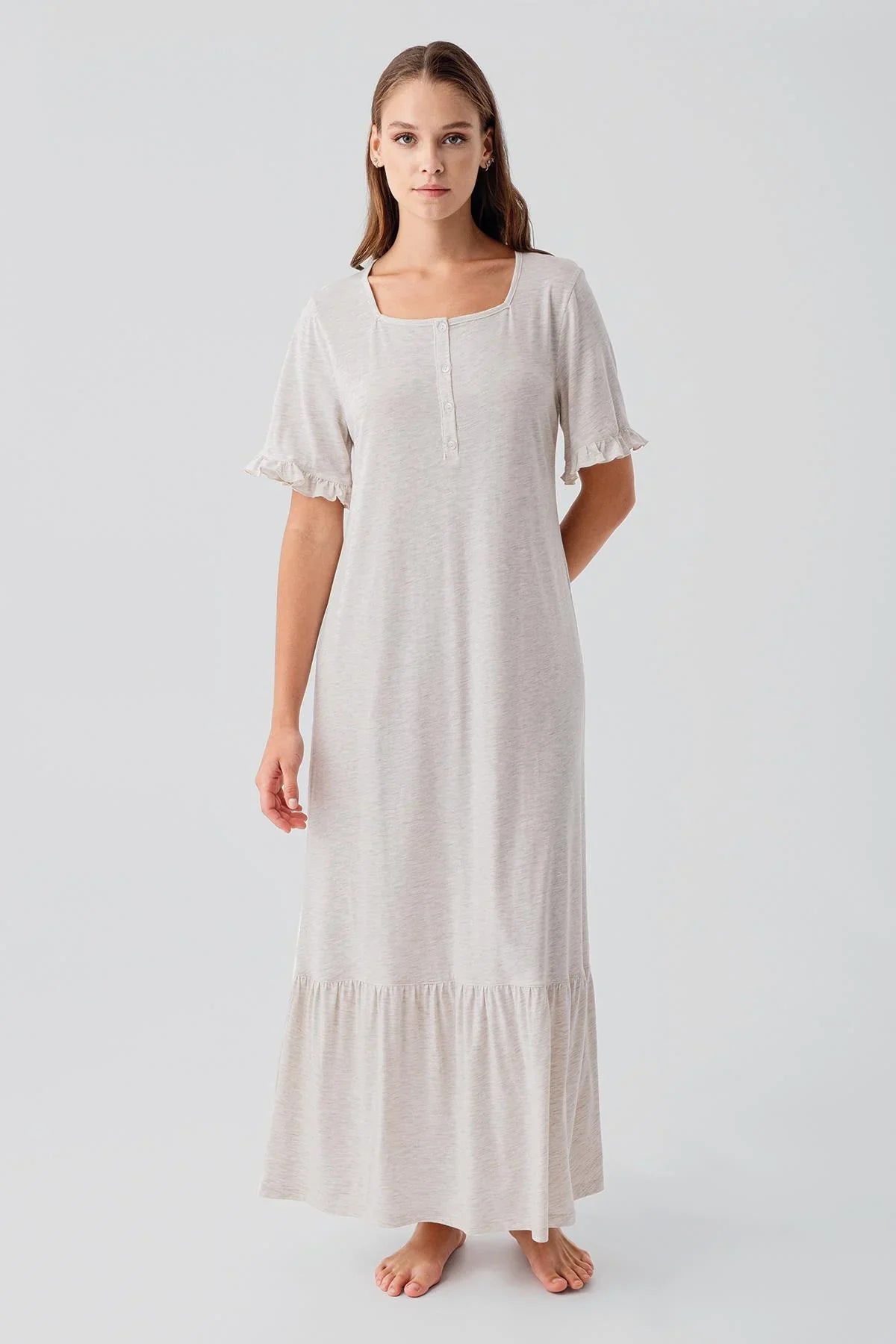 Kısa Kollu Düğmeli Fırfırlı Pamuklu Uzun Gecelik 19117