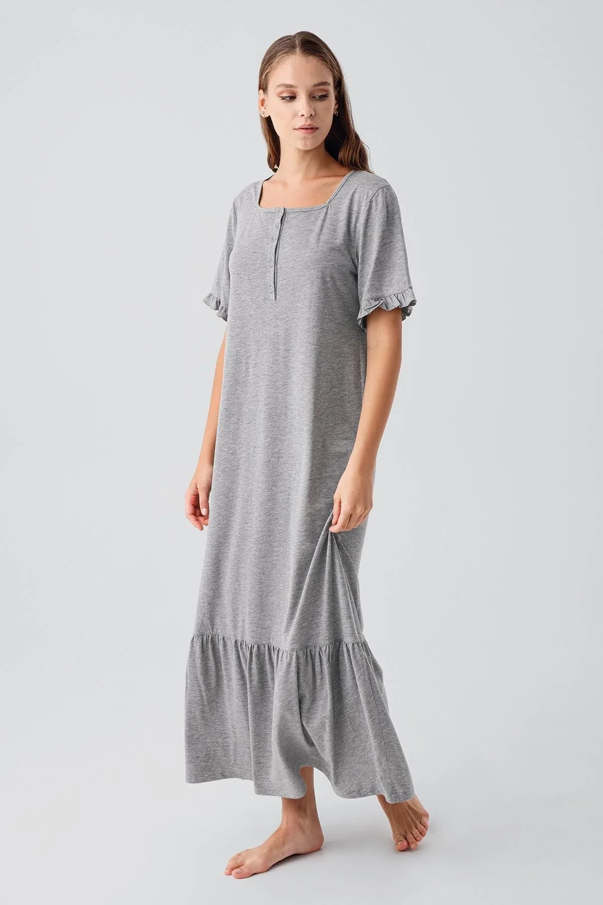 Short-Sleeved Buttoned Ruffled Cotton Long Nightgown 19117