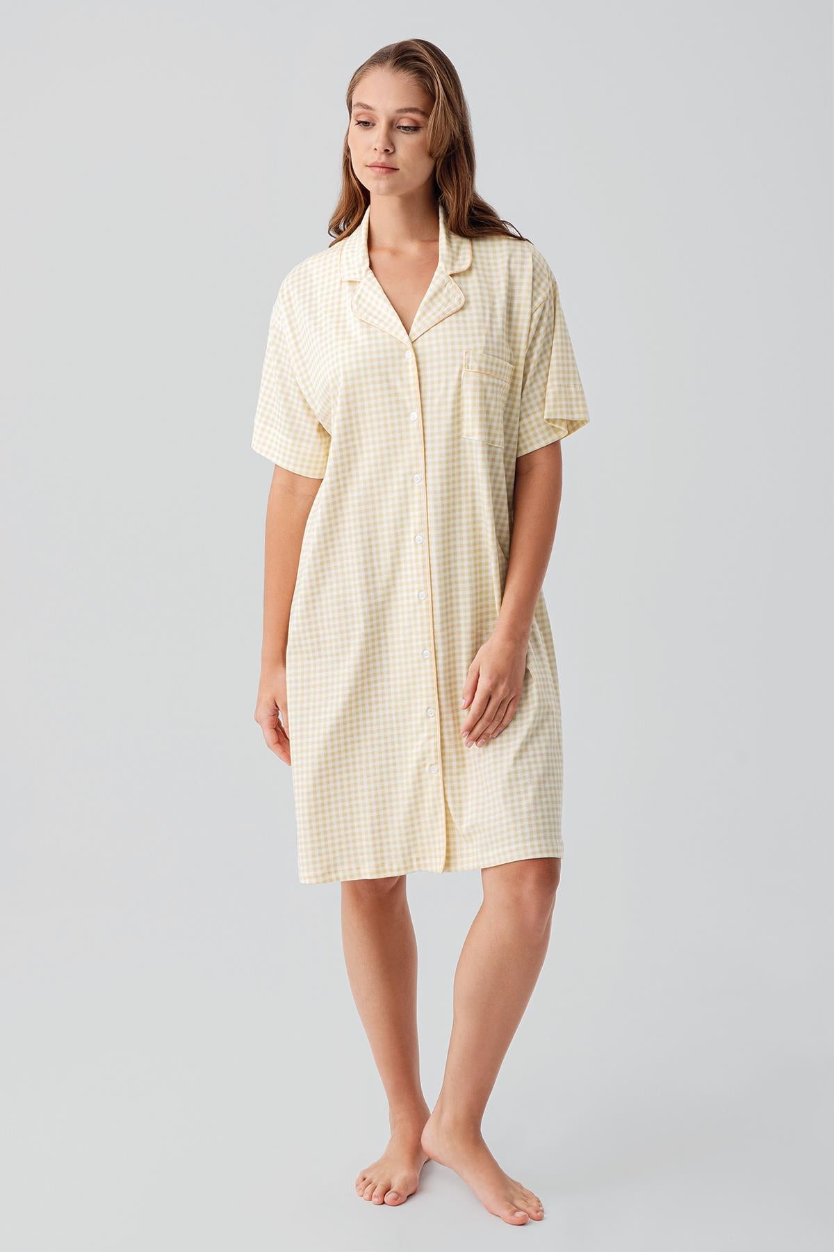 Kısa Kollu Düğmeli Esnek Pamuklu Gecelik 19101 - Artış Collection