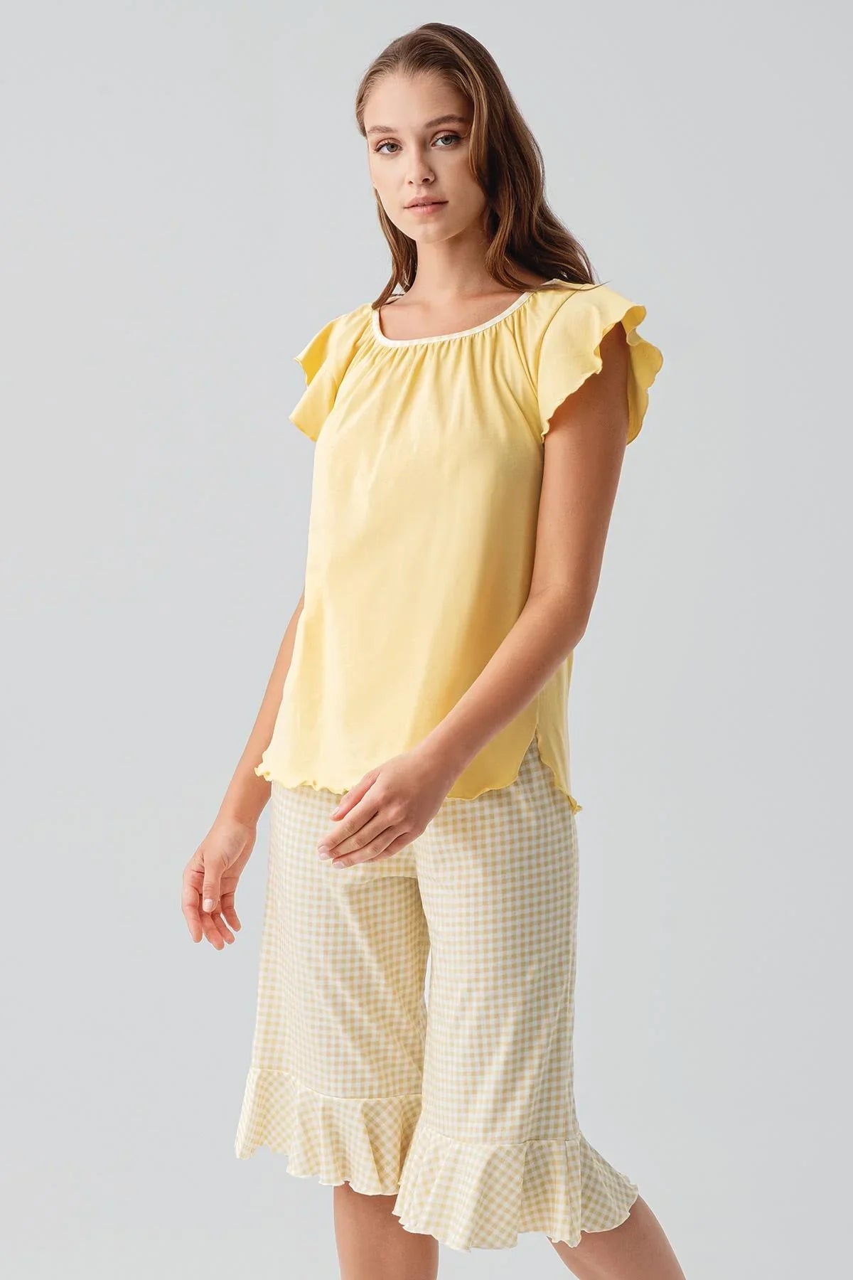 Short-sleeved, gingham pattern, stretchy cotton pajama set 19200