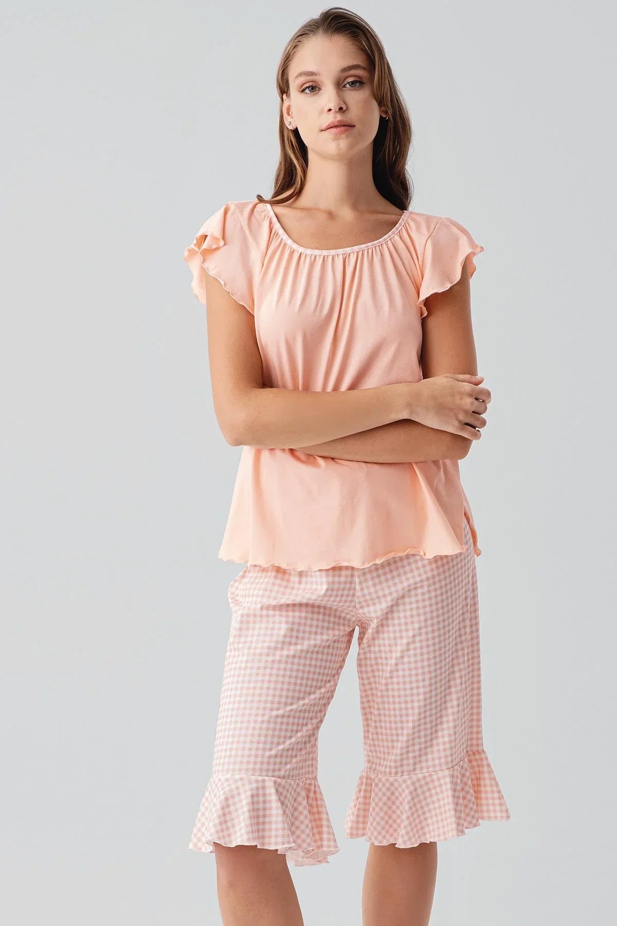 Short-sleeved, gingham pattern, stretchy cotton pajama set 19200