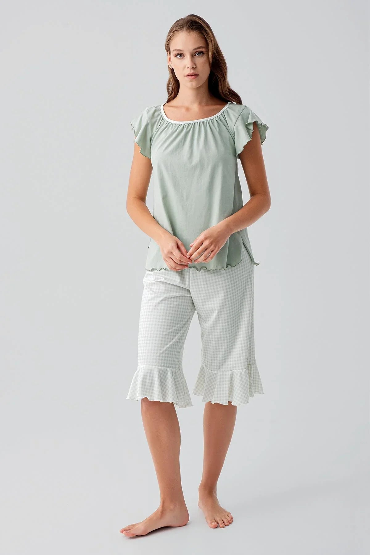 Short-sleeved, gingham pattern, stretchy cotton pajama set 19200