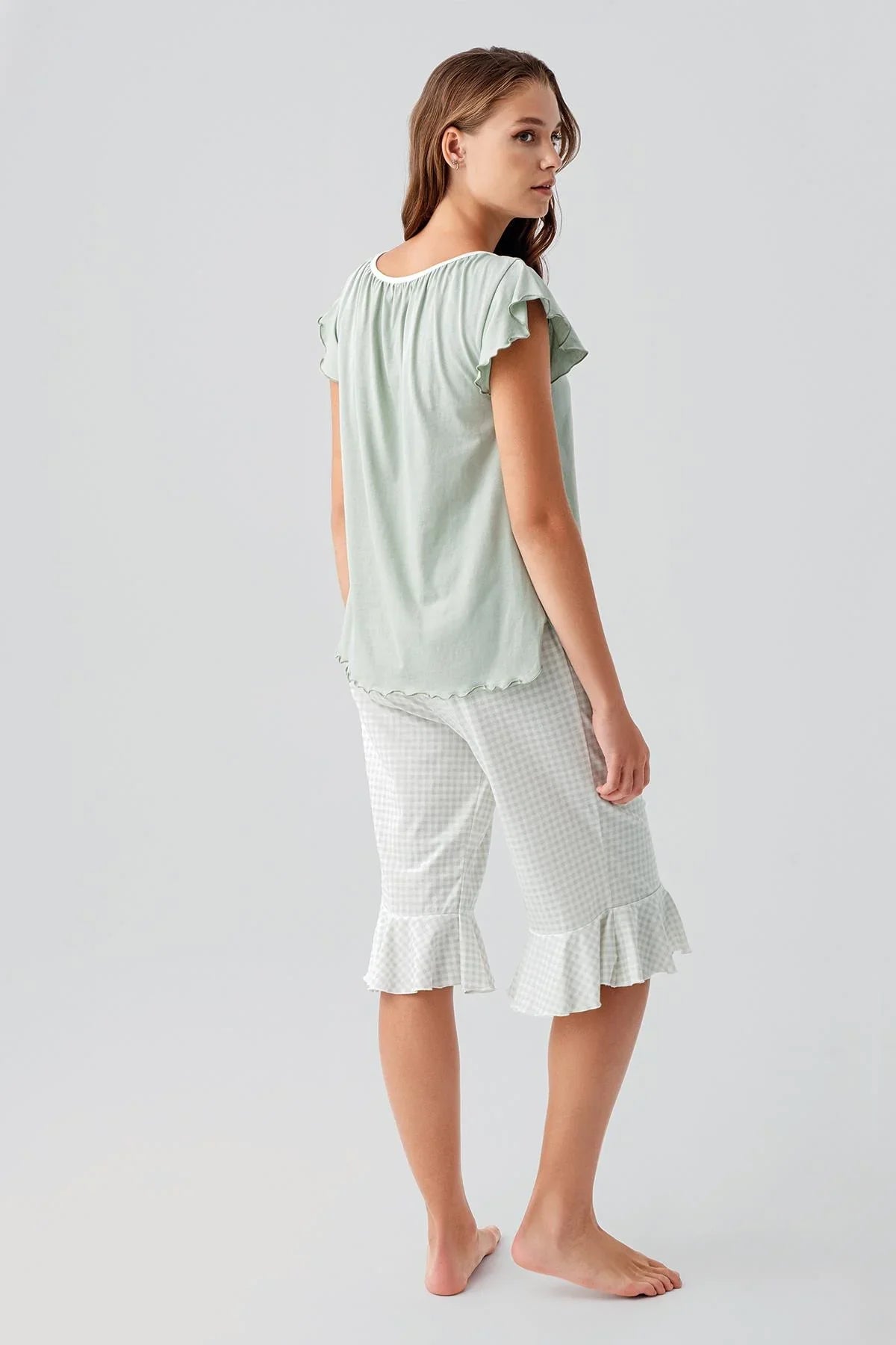 Short-sleeved, gingham pattern, stretchy cotton pajama set 19200