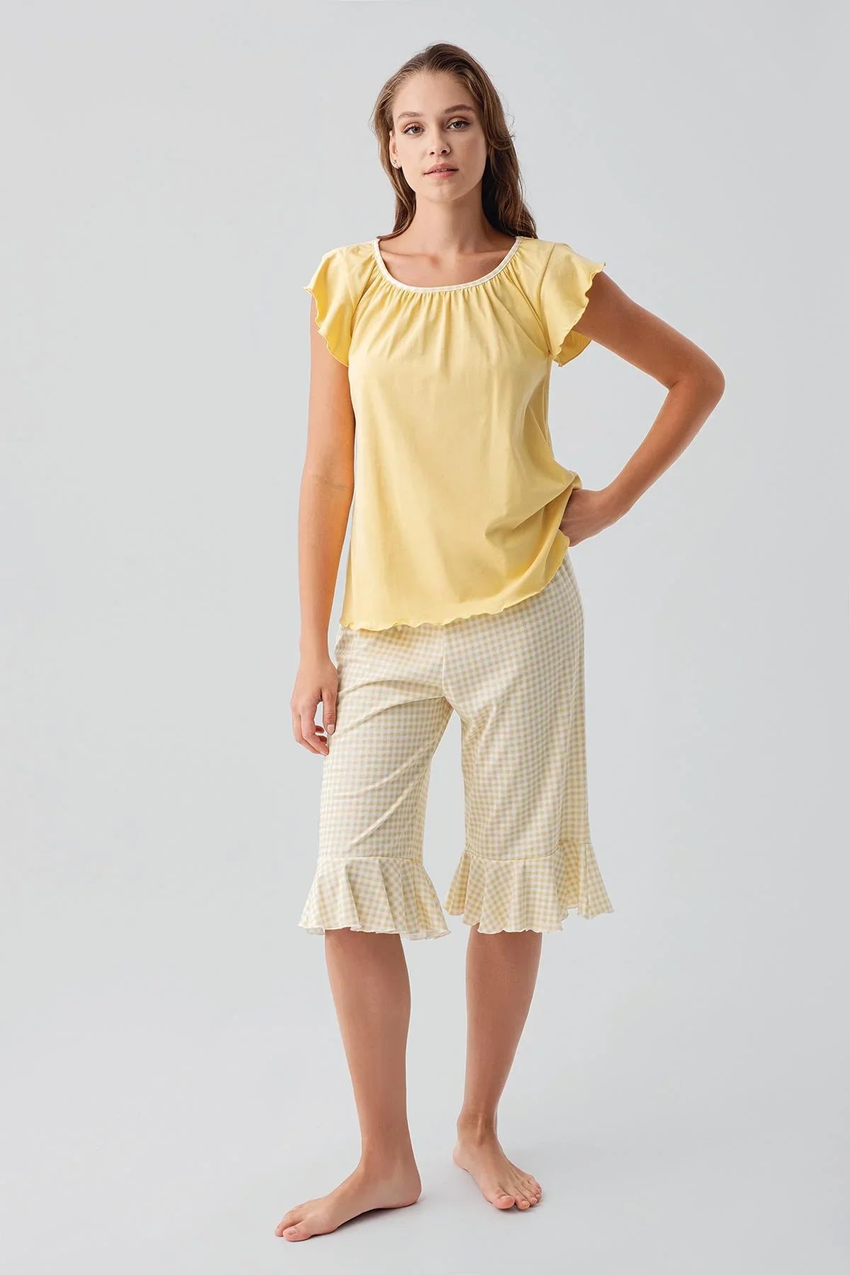 Short-sleeved, gingham pattern, stretchy cotton pajama set 19200