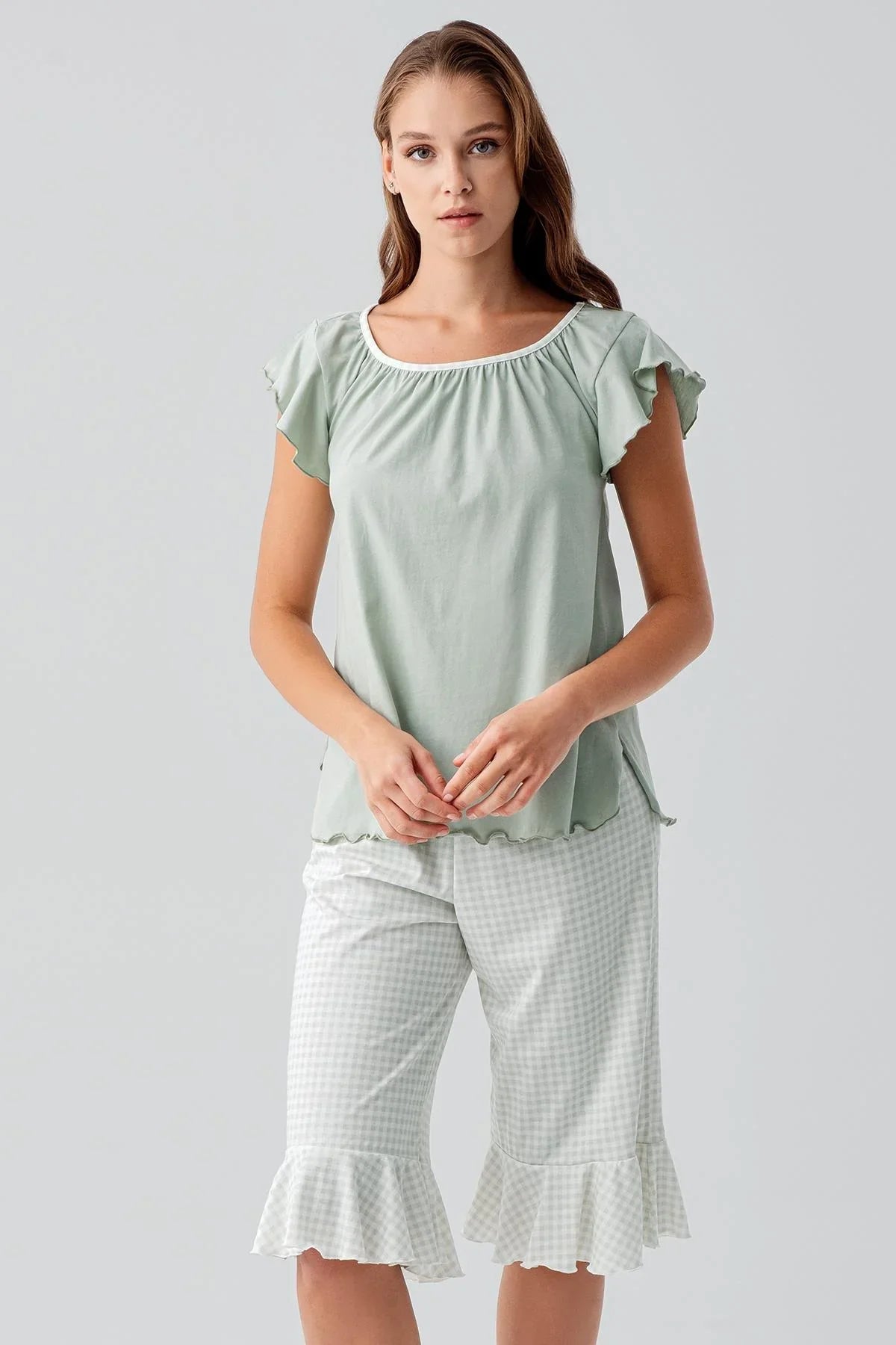 Short-sleeved, gingham pattern, stretchy cotton pajama set 19200