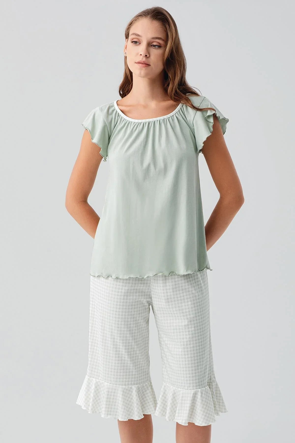 Short-sleeved, gingham pattern, stretchy cotton pajama set 19200