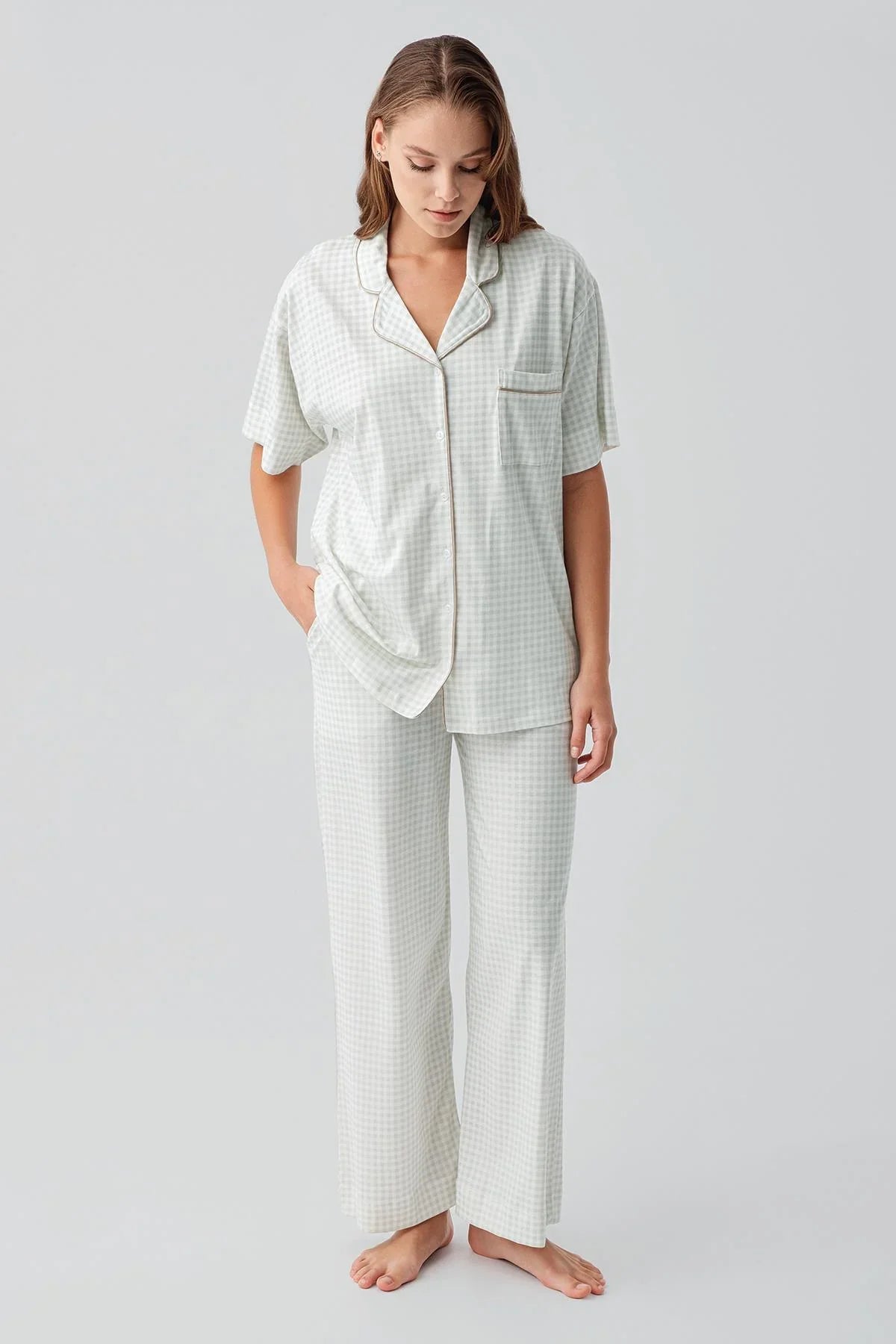 Kısa Kollu Düğmeli Cepli Pötikare Pamuklu Pijama Takım 19201 - Artış Collection