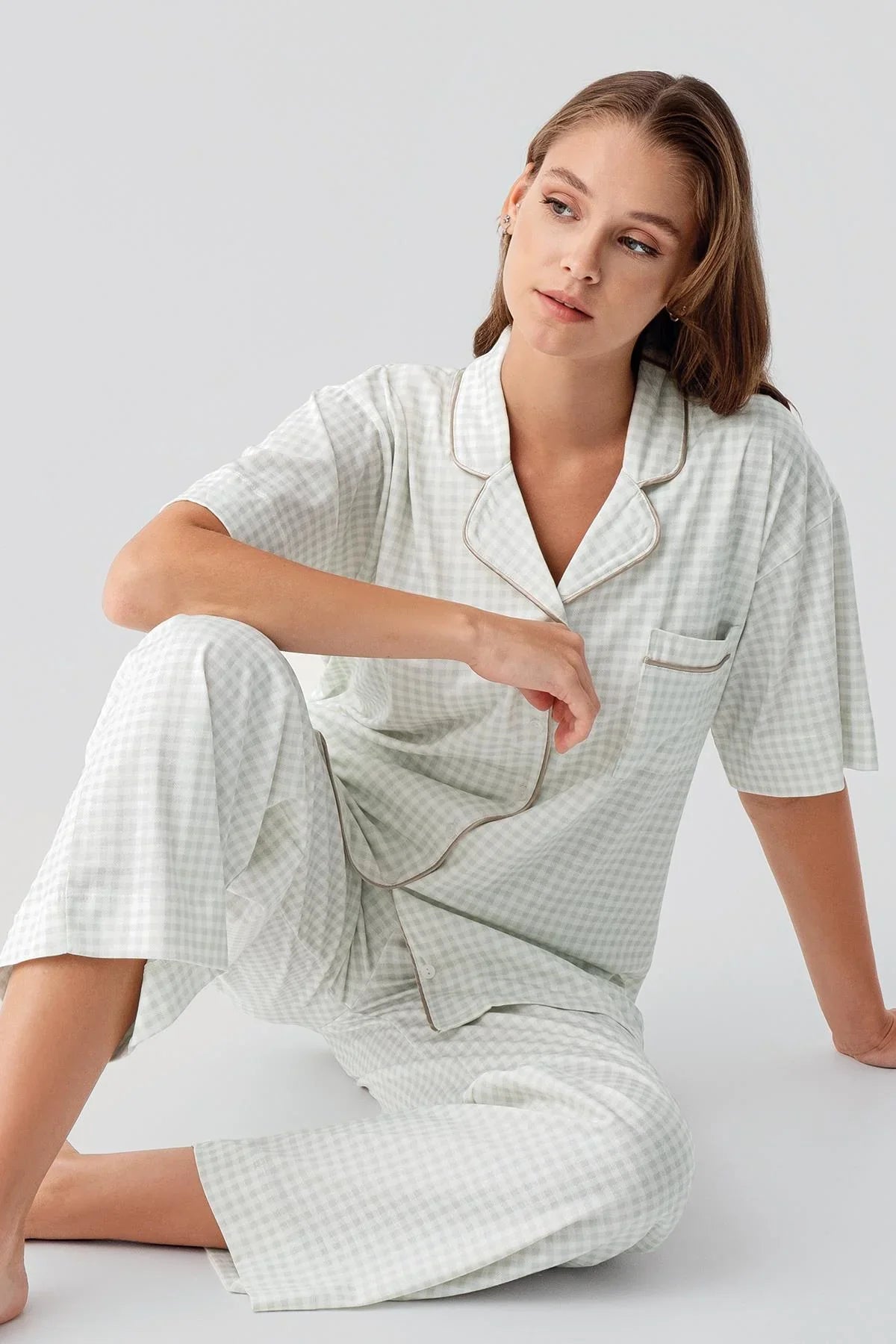 Kısa Kollu Düğmeli Cepli Pötikare Pamuklu Pijama Takım 19201 - Artış Collection