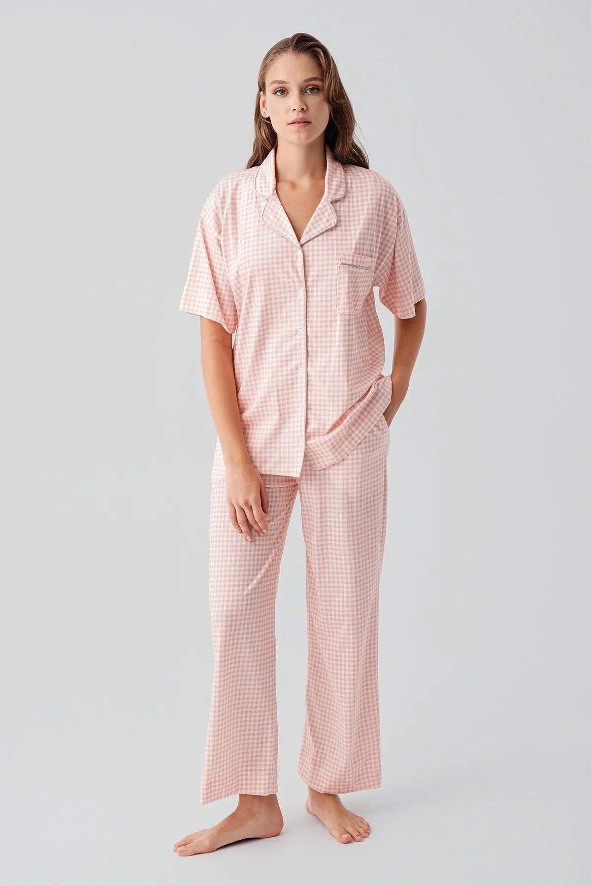 Kısa Kollu Düğmeli Cepli Pötikare Pamuklu Pijama Takım 19201 - Artış Collection