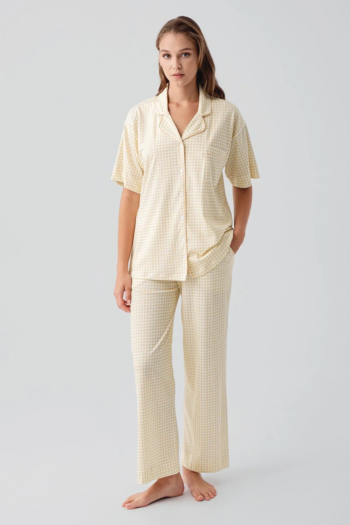 Kısa Kollu Düğmeli Cepli Pötikare Pamuklu Pijama Takım 19201 - Artış Collection