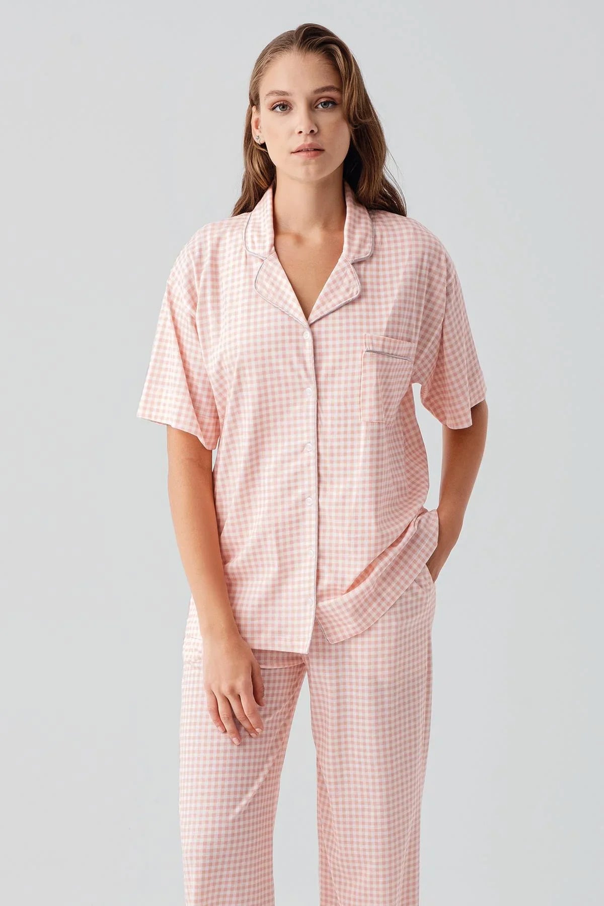 Kısa Kollu Düğmeli Cepli Pötikare Pamuklu Pijama Takım 19201 - Artış Collection