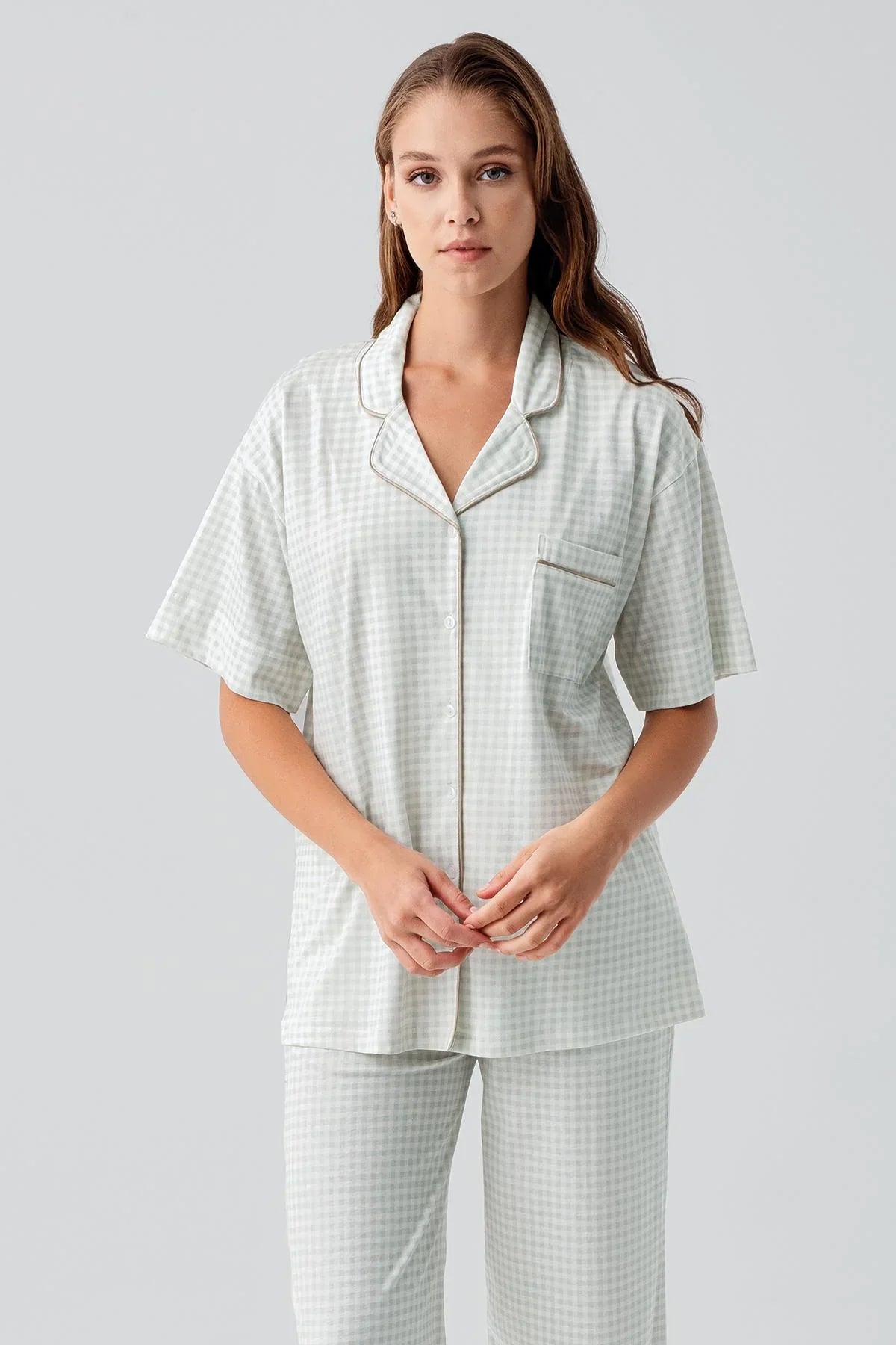 Kısa Kollu Düğmeli Cepli Pötikare Pamuklu Pijama Takım 19201 - Artış Collection
