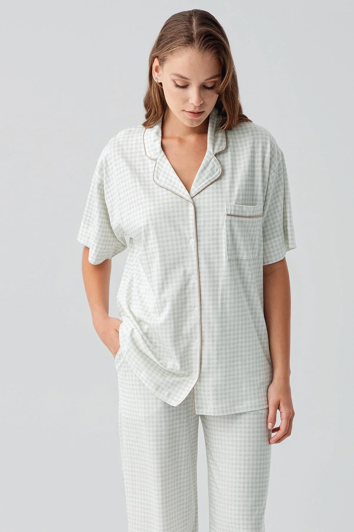 Kısa Kollu Düğmeli Cepli Pötikare Pamuklu Pijama Takım 19201 - Artış Collection
