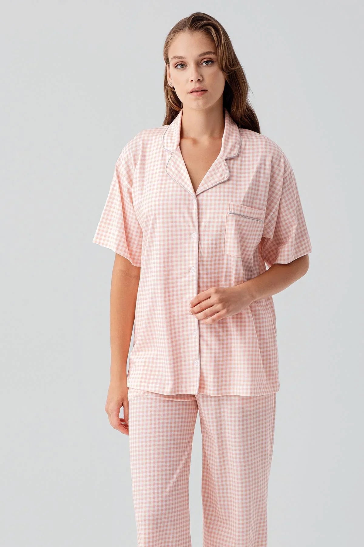 Kısa Kollu Düğmeli Cepli Pötikare Pamuklu Pijama Takım 19201 - Artış Collection
