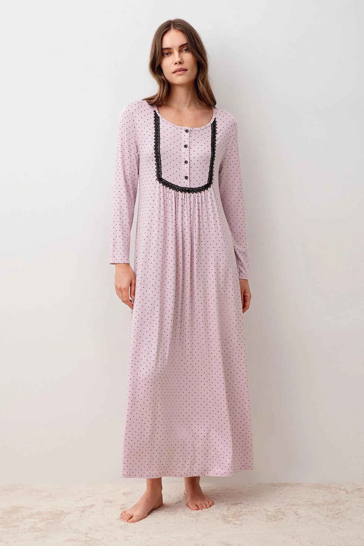 Women's Long Sleeve Button-Up Polka Dot Lace Lycra Viscose Nightgown 20107