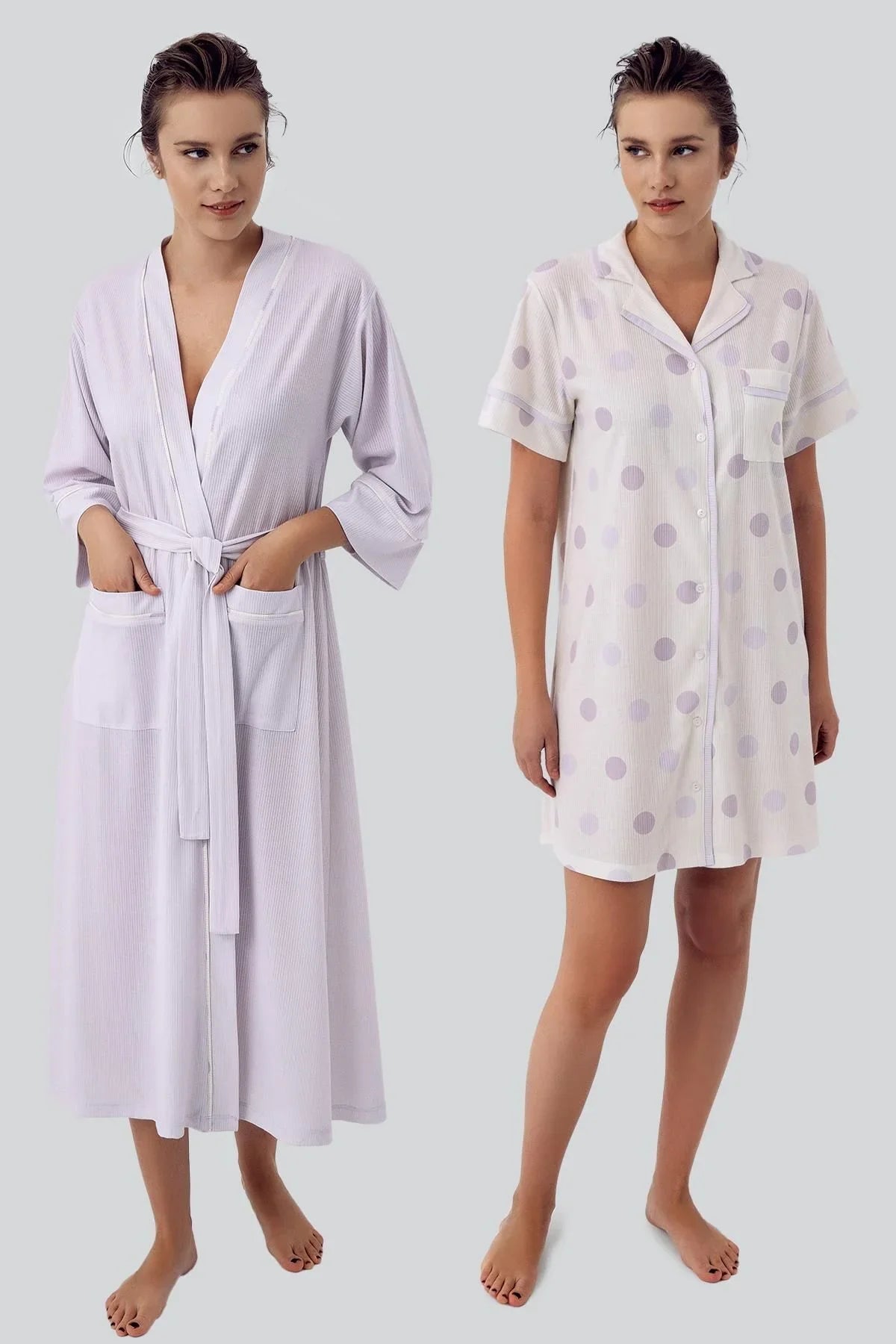 Polka Dot Buttoned Short Sleeve Flexible Viscose Dressing Gown Nightgown Set 16410
