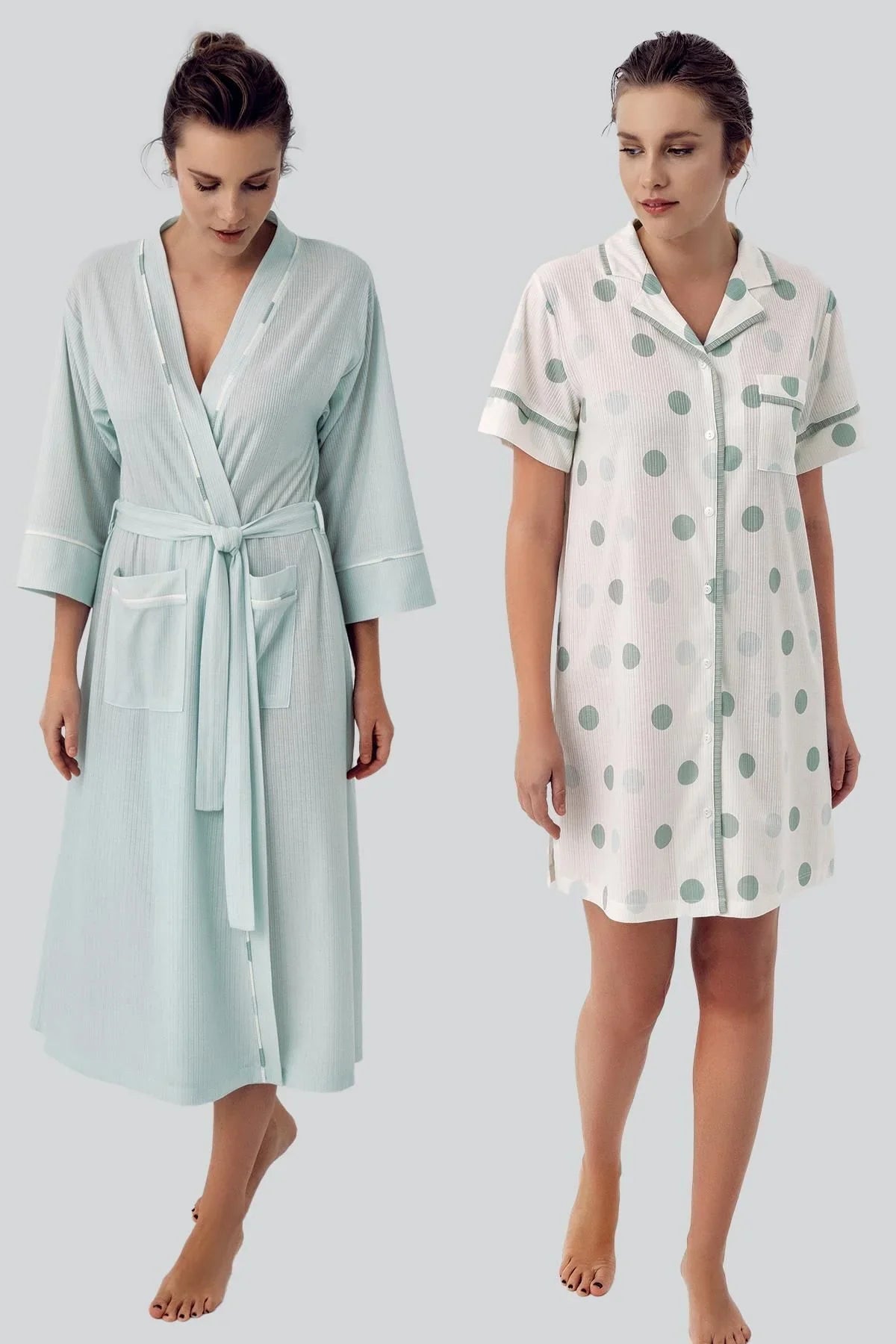 Polka Dot Buttoned Short Sleeve Flexible Viscose Dressing Gown Nightgown Set 16410