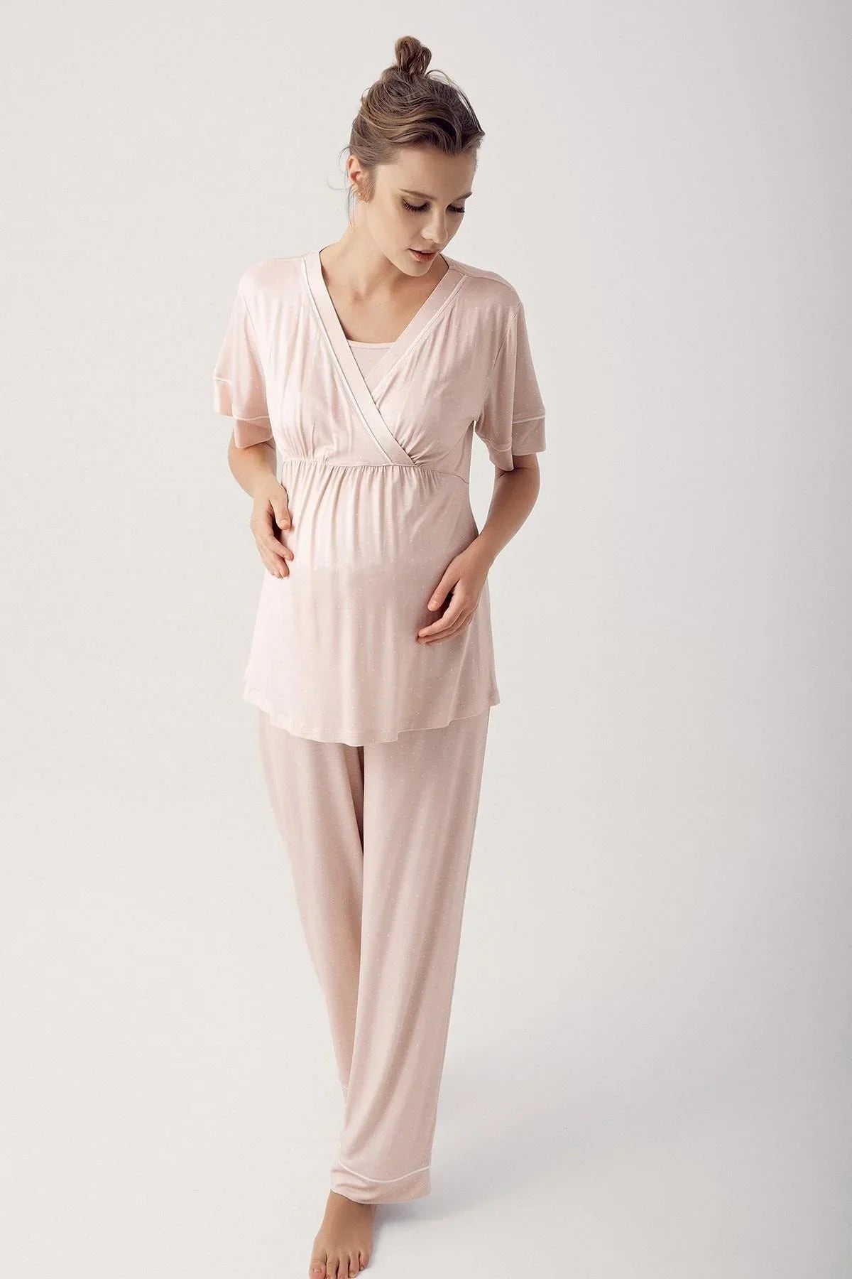 Puantiyeli Kısa Kollu Likralı Viskoz Hamile Pijama Takımı 14206