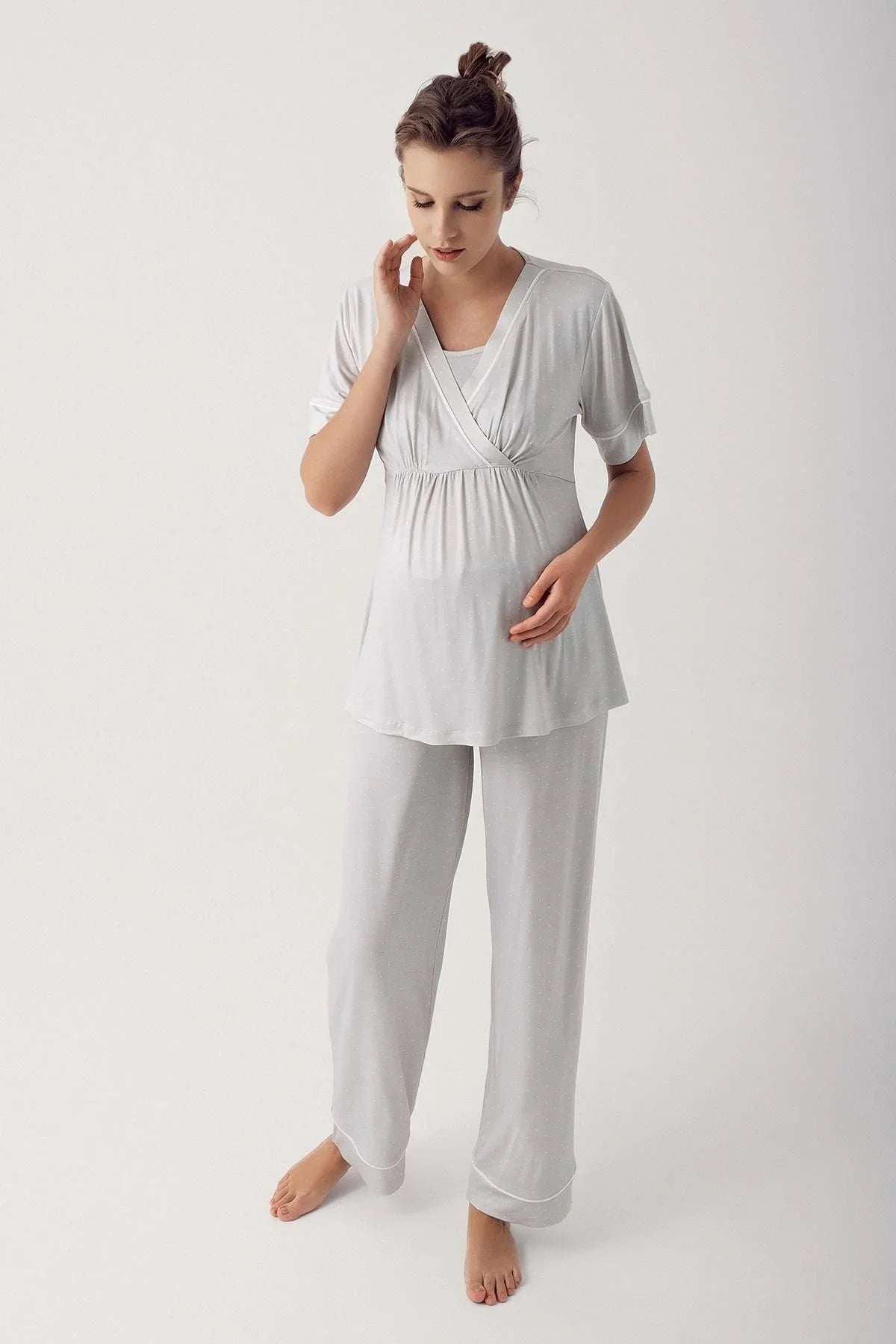 Puantiyeli Kısa Kollu Likralı Viskoz Hamile Pijama Takımı 14206 - Artış Collection